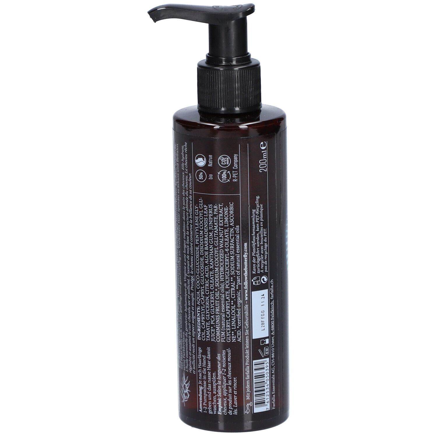Flacon brun avec pompe noire. Dos avec texte et ingrédients. 200ml. Labels végétaliens et cosmétiques naturels.