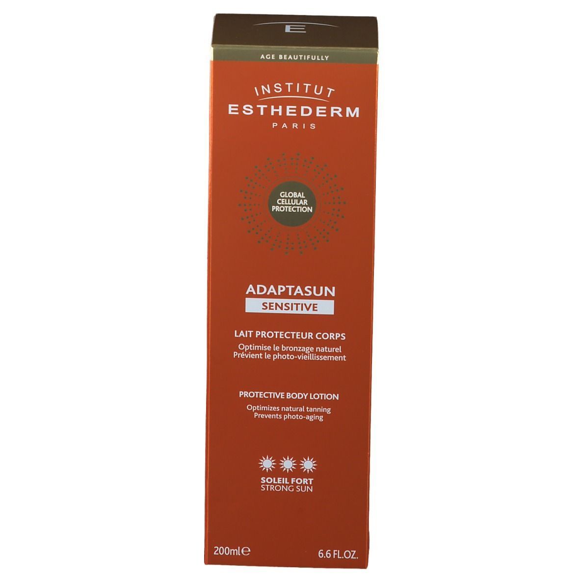 Boîte orange. Inscriptions: INSTITUT ESTHEDERM, Adaptasun Sensitive, Lait Protecteur Corps, Soleil Fort. 200ml. Logo Global Cellular Protection.