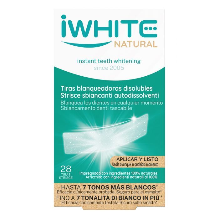 Boîte de bandes blanchissantes iWhite Natural. Contient 28 bandes. Texte : "Instant Teeth Whitening".