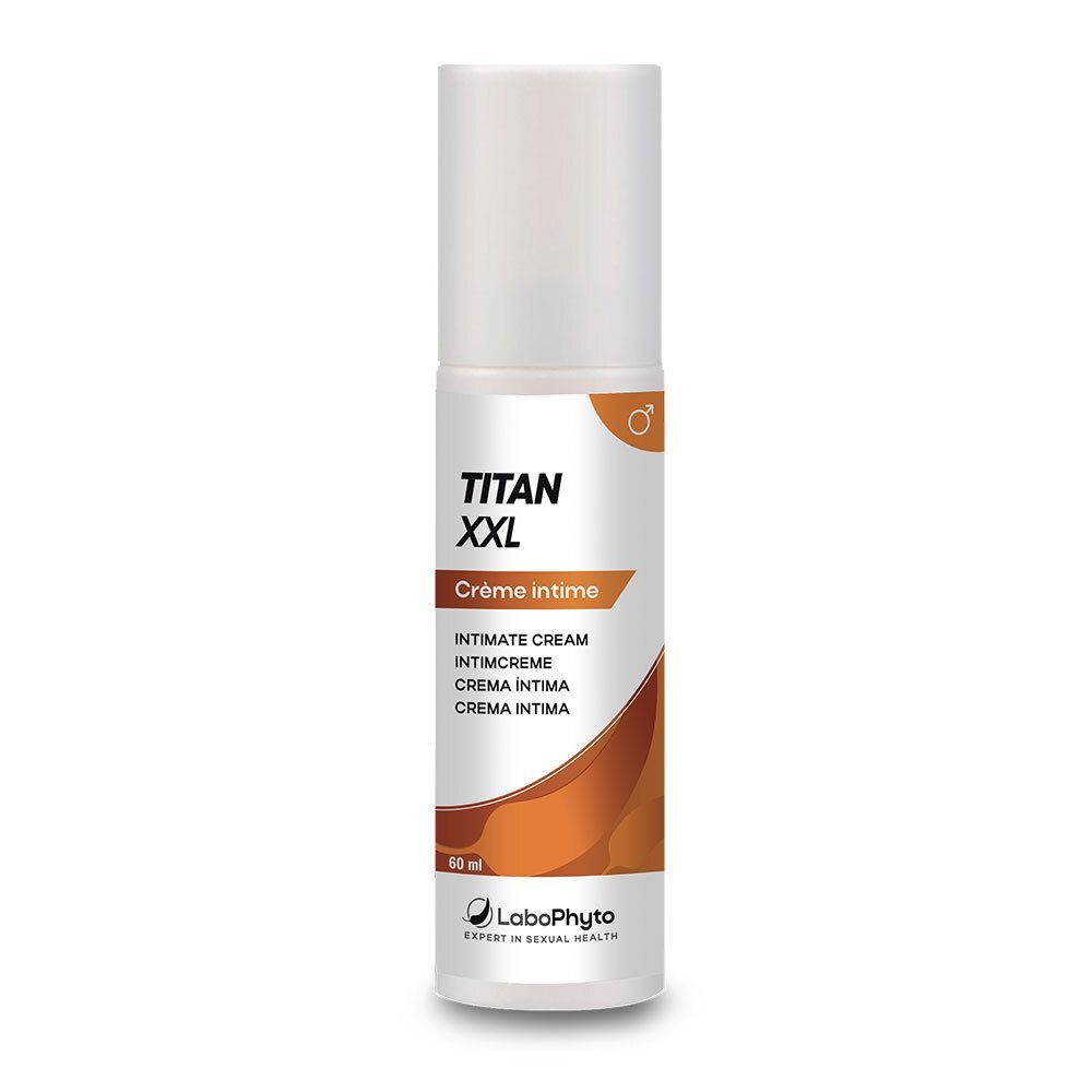 Flacon de crème avec bouchon blanc. Inscription: Titan XXL, Crème intime. Marque: Labophyto.