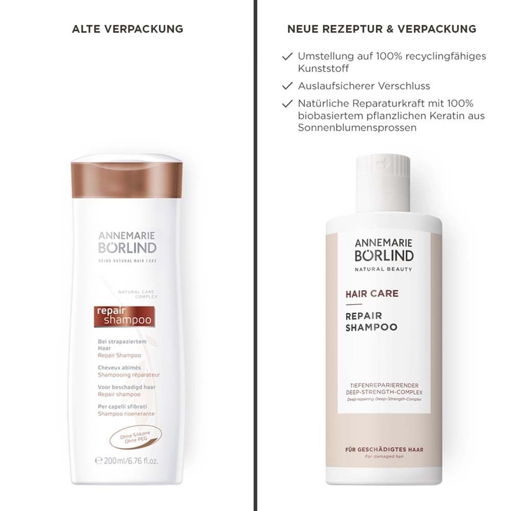 Comparaison des anciens et nouveaux emballages du Shampoing Réparateur ANNEMARIE BÖRLIND.