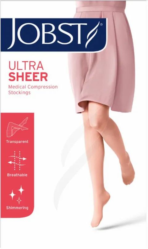 Emballage des bas de compression JOBST UltraSheer. Nom du produit, caractéristiques et illustrations.
