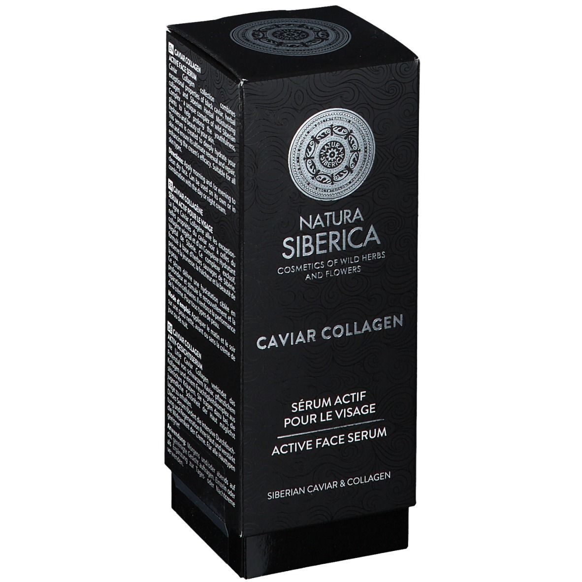 Boîte noire avec logo et nom du produit. Texte: Caviar Collagen, Sérum actif pour le visage. Écriture argentée.