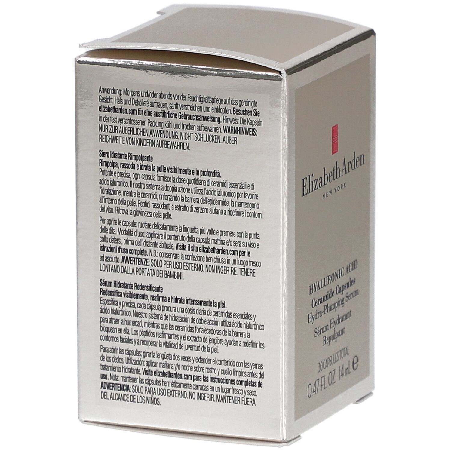 Boîte argentée avec texte. Elizabeth Arden, capsules de céramides à l'acide hyaluronique. 0,47 FL.OZ. 14 ml.