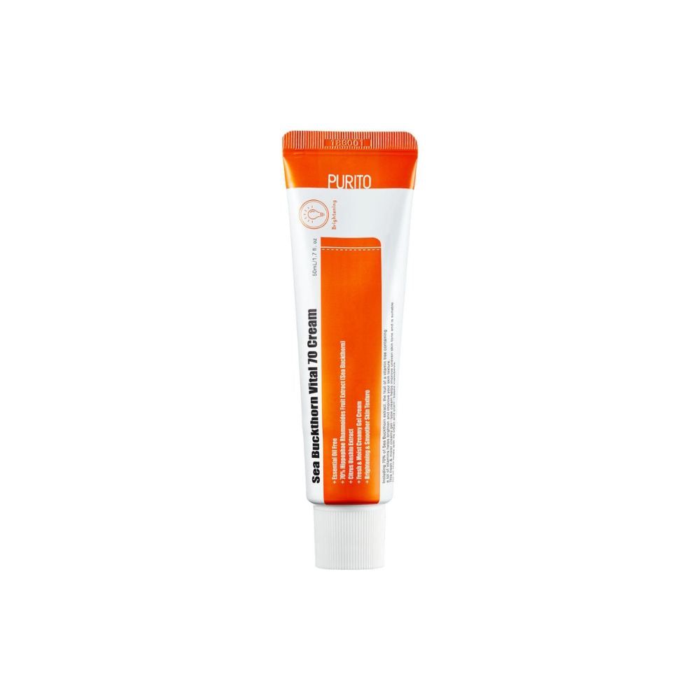 Tube de crème, design orange et blanc. Nom du produit: Sea Buckthorn Vital 70 Cream. Texte avec ingrédients et informations.
