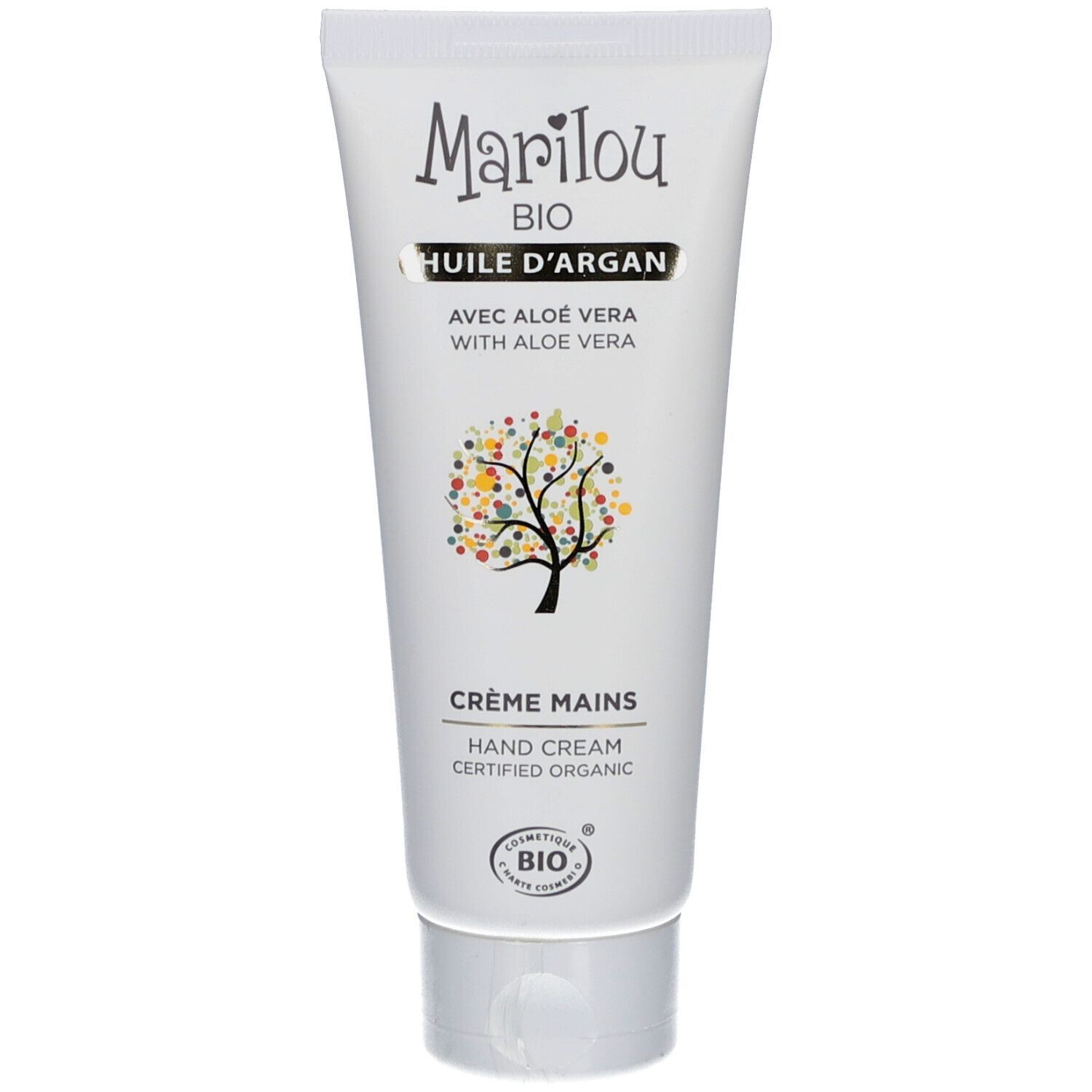 Tube blanc de crème pour les mains Marilou Bio. Inscription: Huile d'Argan, Crème Mains, certifié bio. Logo arbre.