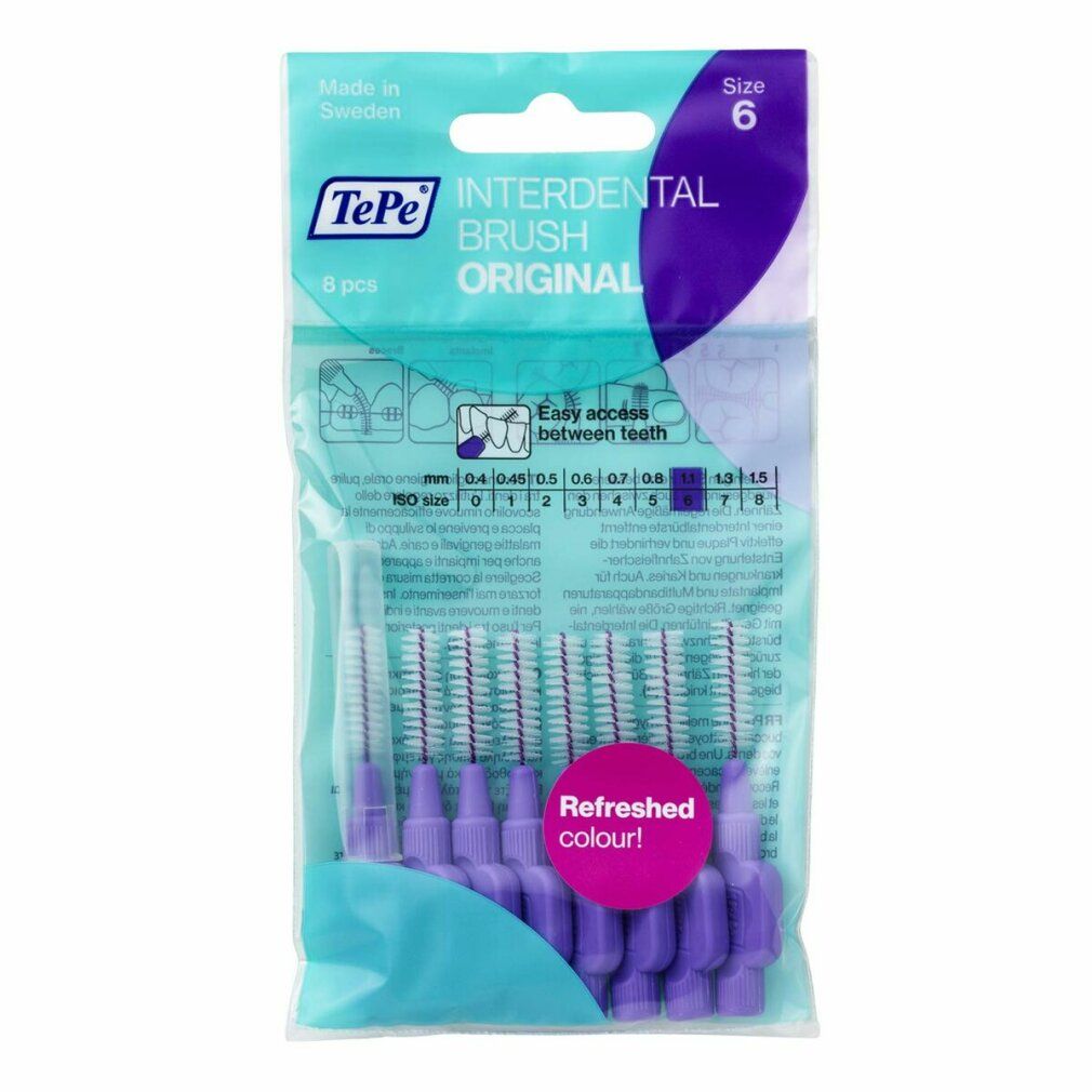 Paquet de 6 brossettes interdentaires violettes TePe. Inscription: Interdental Brush Original. Taille: 1.10 mm.