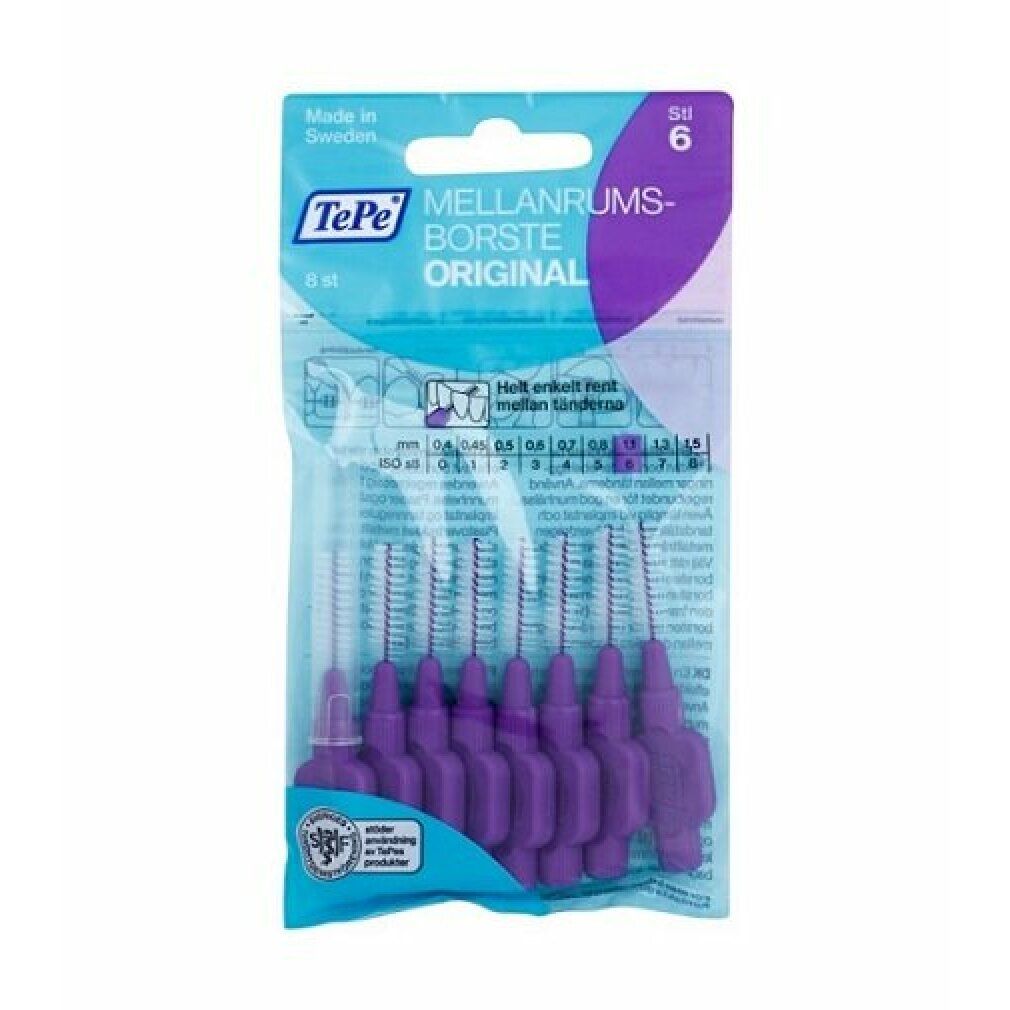 Paquet de 8 brossettes interdentaires violettes TePe. Inscription: Mellanrumsborste Original. Taille: 1.10 mm.
