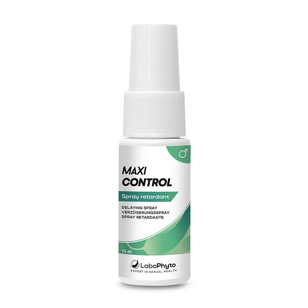 Spray blanc avec étiquette verte. Inscription: MAXI CONTROL, Spray retardant. Logo Labophyto. 15 ml.