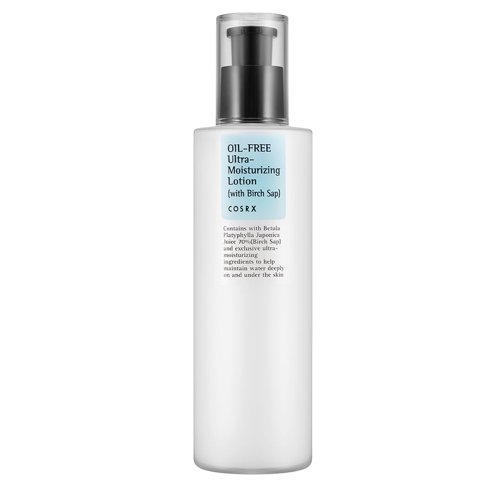 Une bouteille blanche de lotion avec un distributeur noir et une étiquette bleu sarcelle.