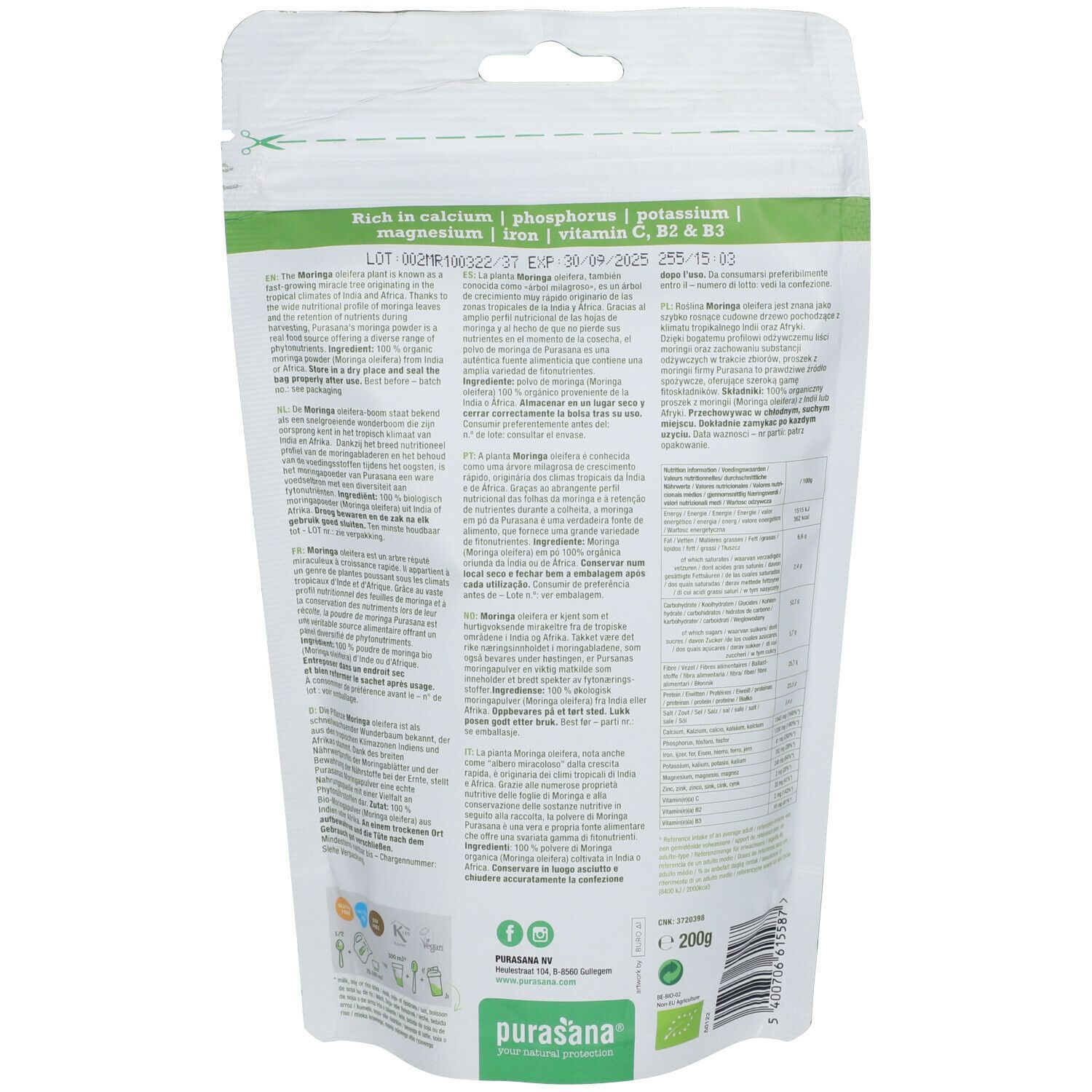 Dos du sachet de purasana® Moringa. Contient des informations et des valeurs nutritionnelles.