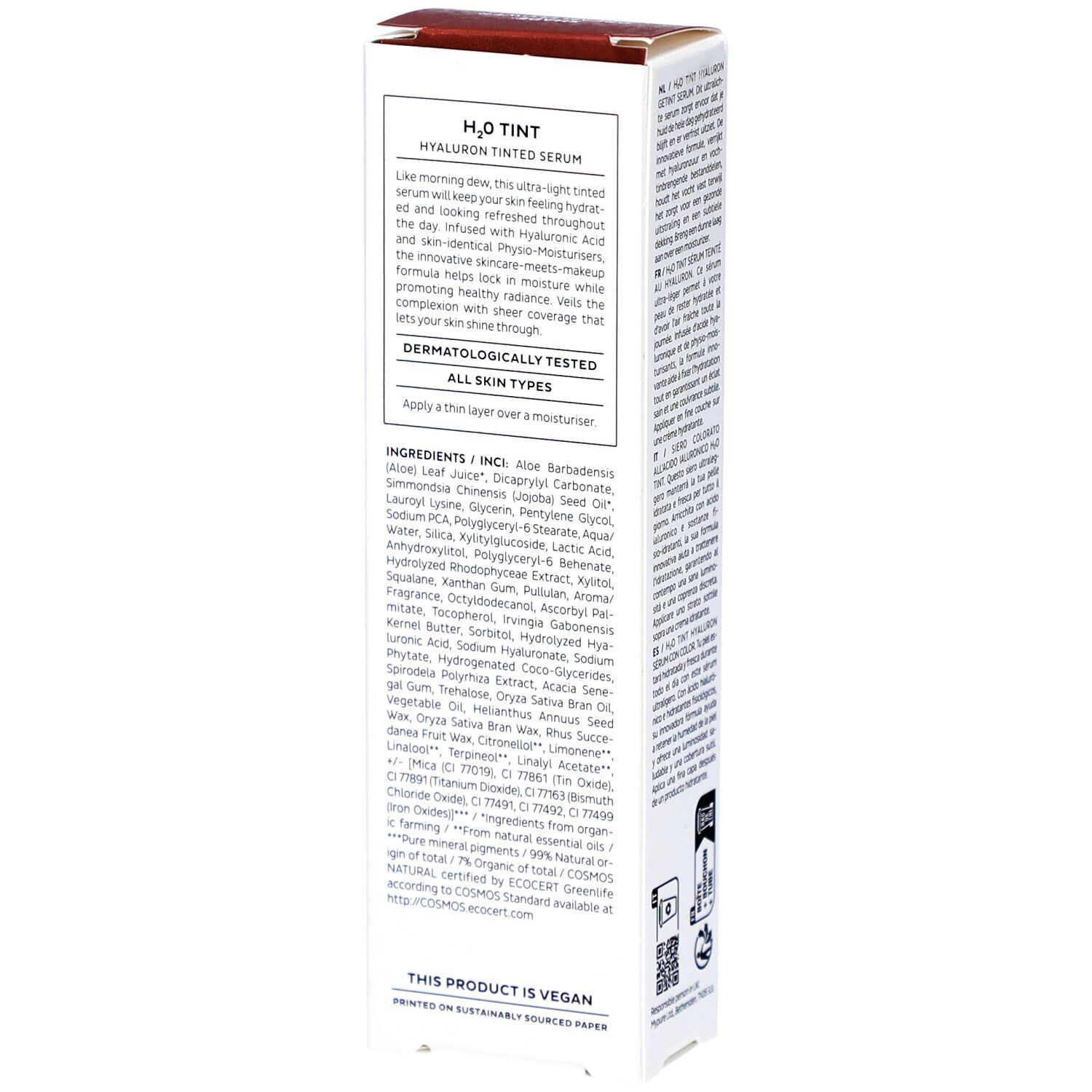 Emballage produit avec texte. H2O Tint Sérum teinté à l'acide hyaluronique. Ingrédients et instructions. Testé dermatologiquement.