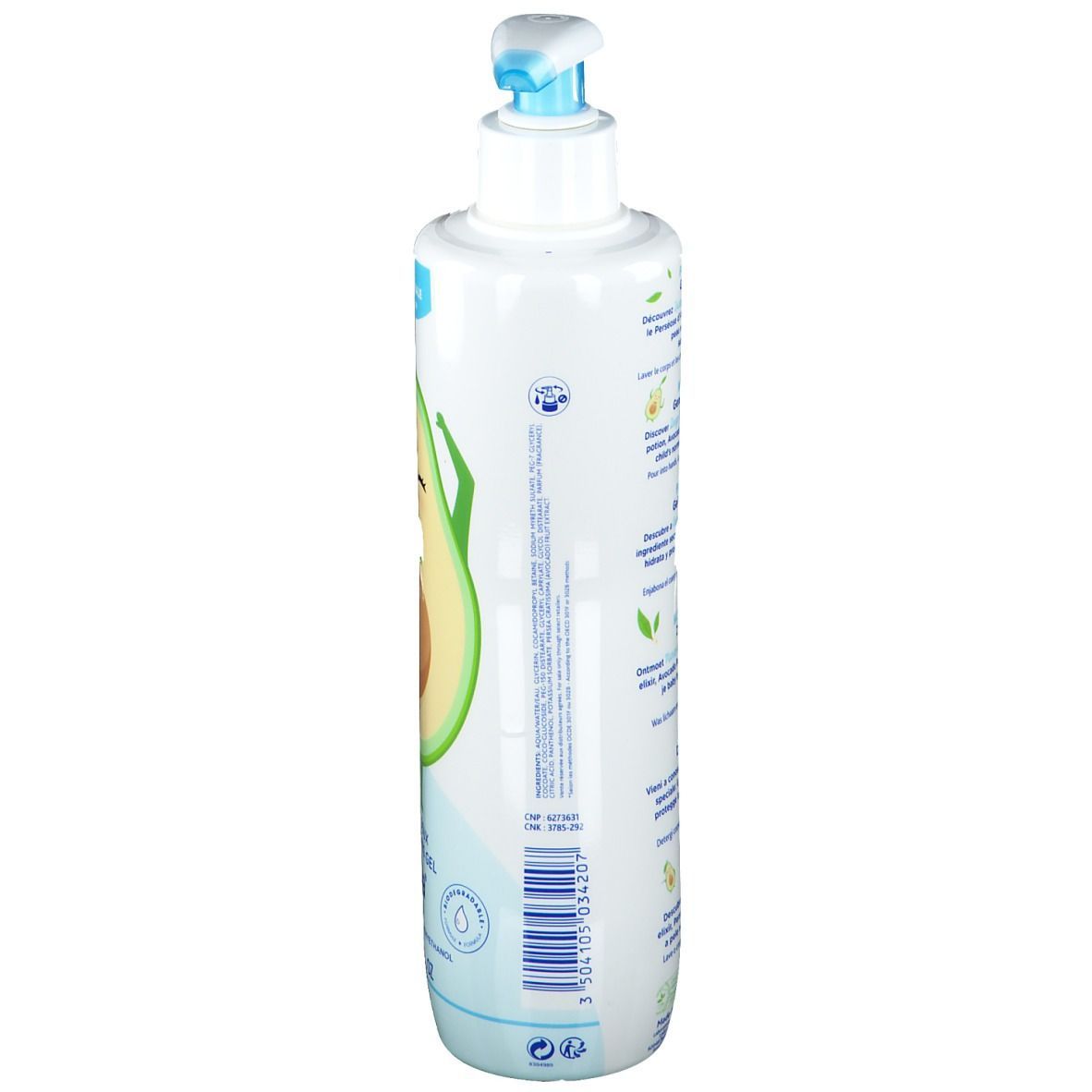 Flacon blanc avec pompe bleue. Illustration d'avocat. Texte: Mustela, Gel lavant doux. Inscription: 500 ml.