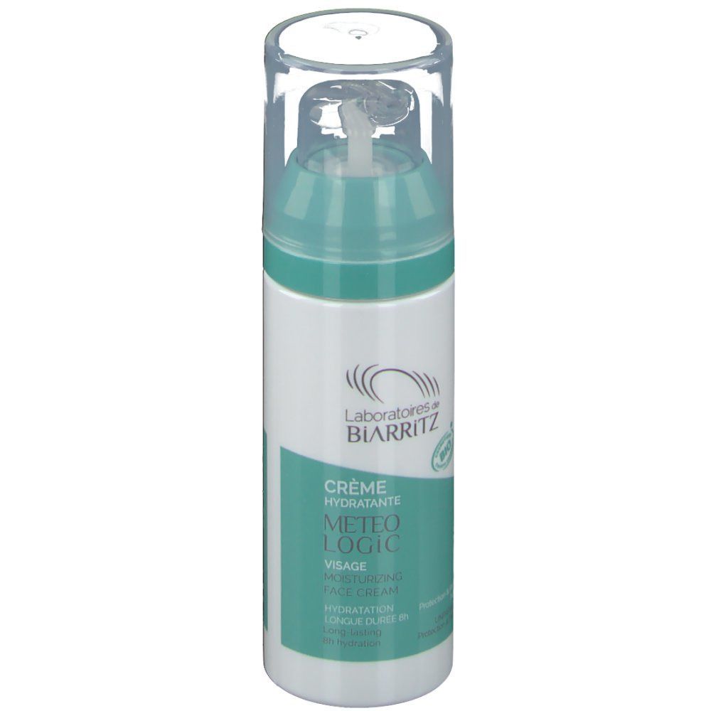 Flacon cylindrique avec pompe. Blanc, turquoise et éléments transparents. Texte: "Laboratoires de BIARRITZ", "Bio".