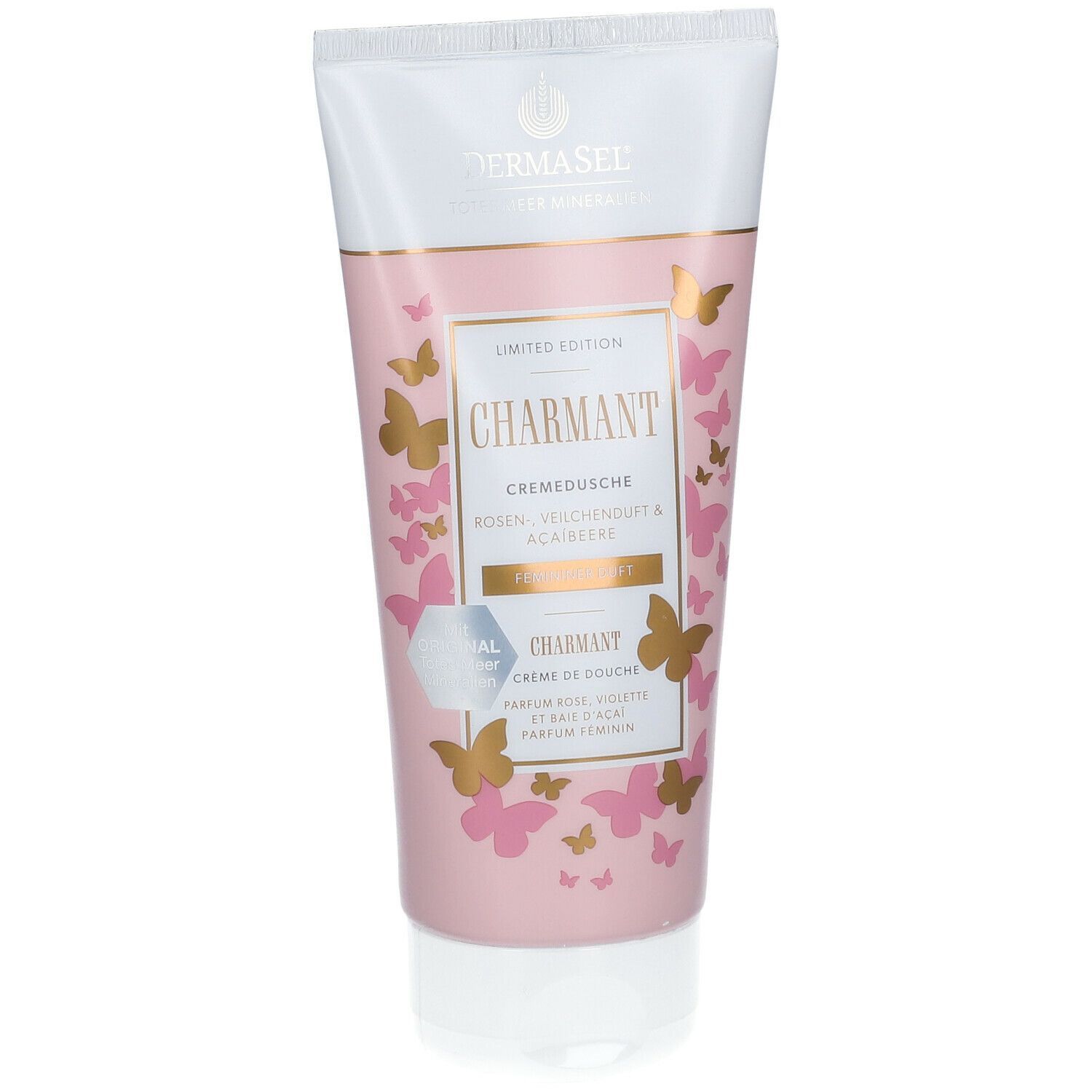 Tube avec fond rose, papillons dorés et inscription CHARMANT. Crème de douche, édition limitée.