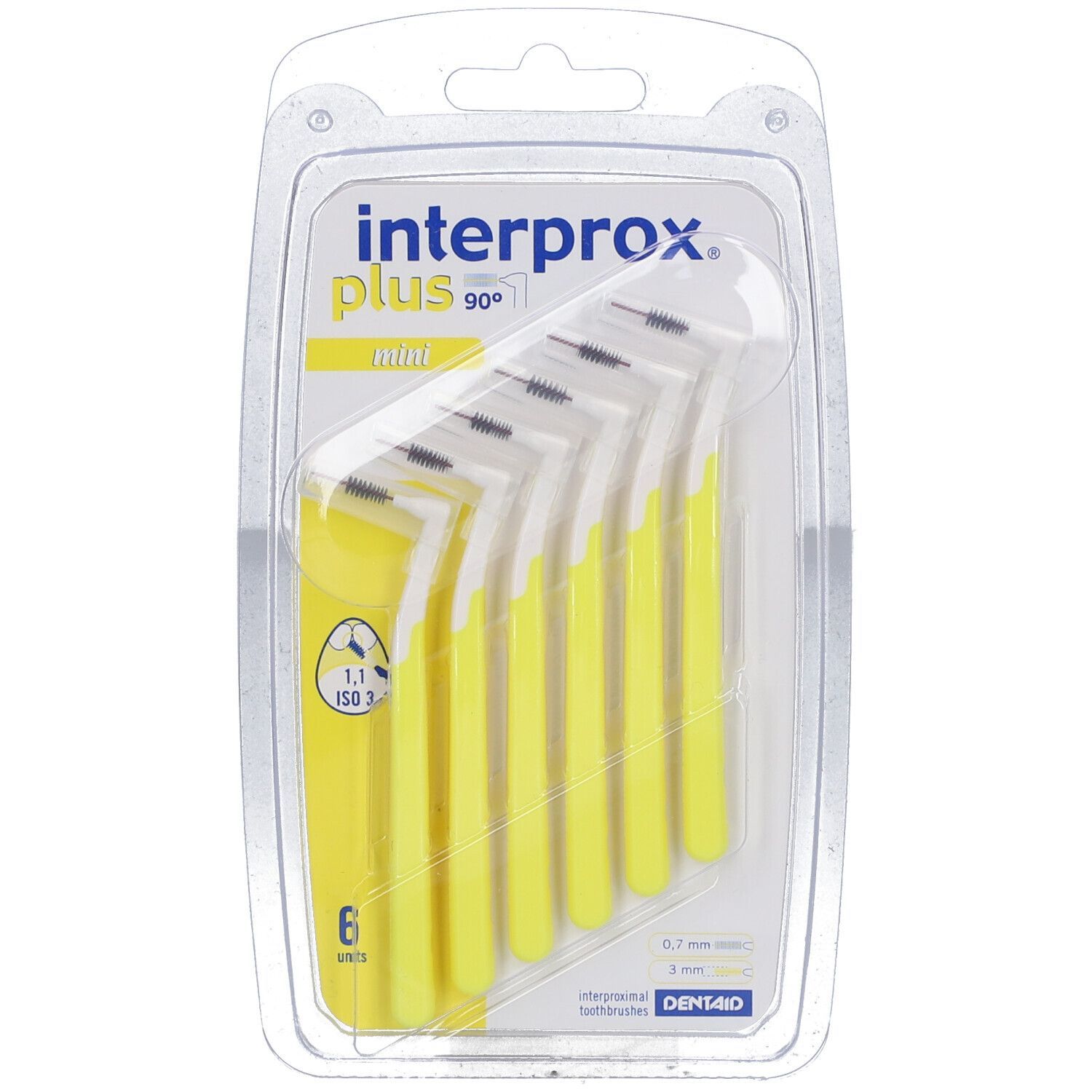 Paquet de 6 mini-brosses Interprox Plus jaunes. Informations produit visibles.