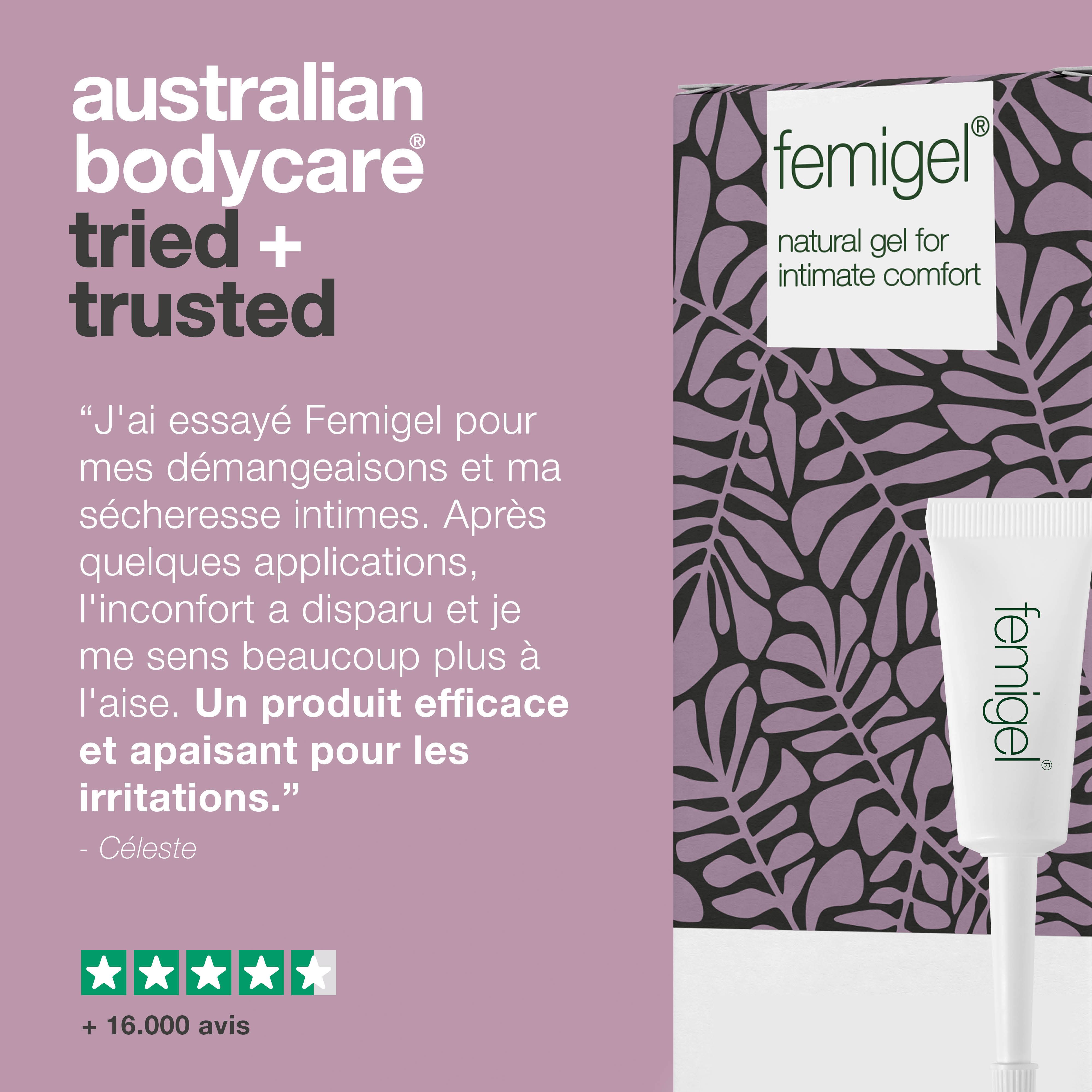 Tube et boîte Femigel. Citation. Évaluation 5 étoiles. Plus de 16 000 avis. Femigel a amélioré mes problèmes.