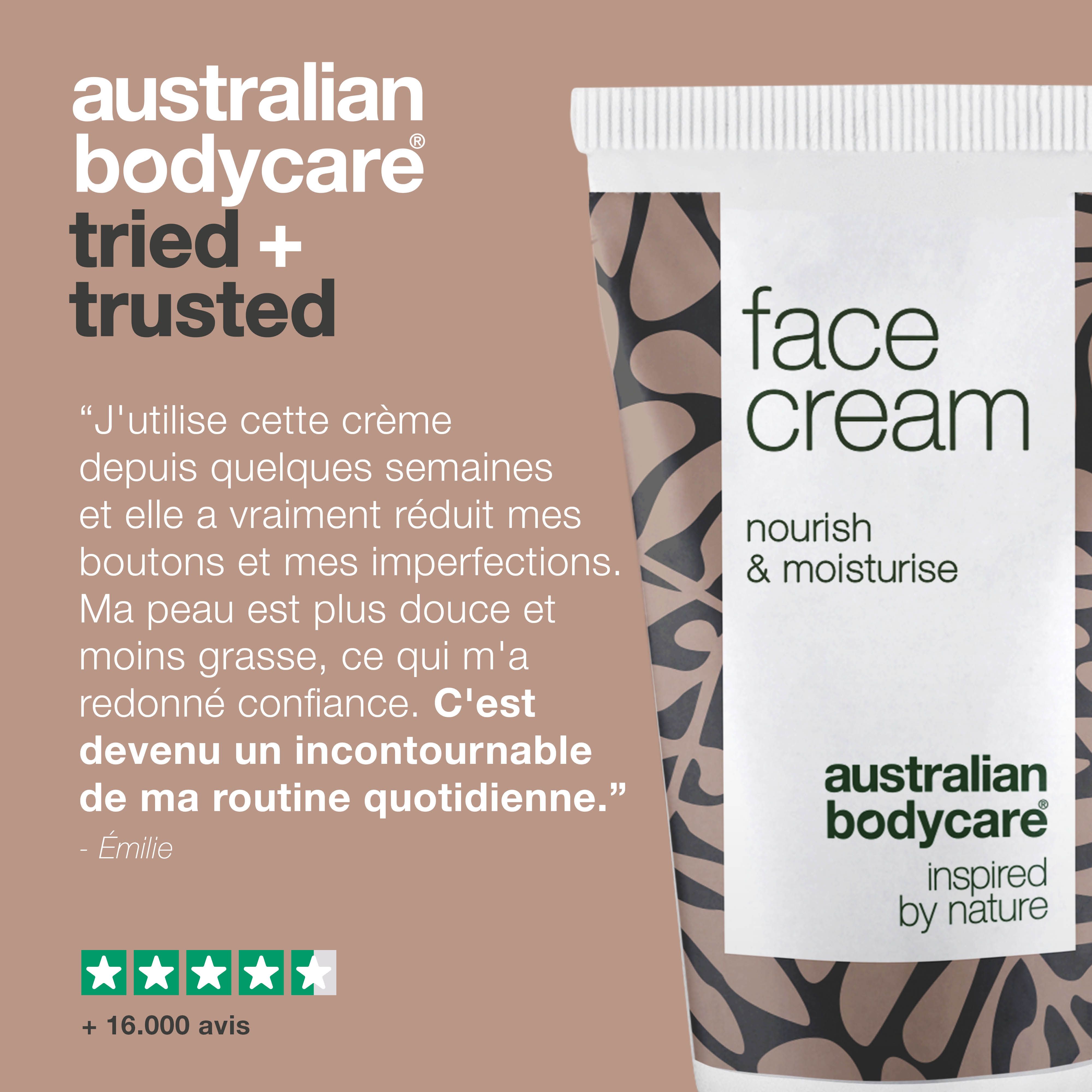 Gros plan sur le tube de crème pour le visage. Texte : face cream, nourish & moisturise, australian bodycare. Évaluation par étoiles.