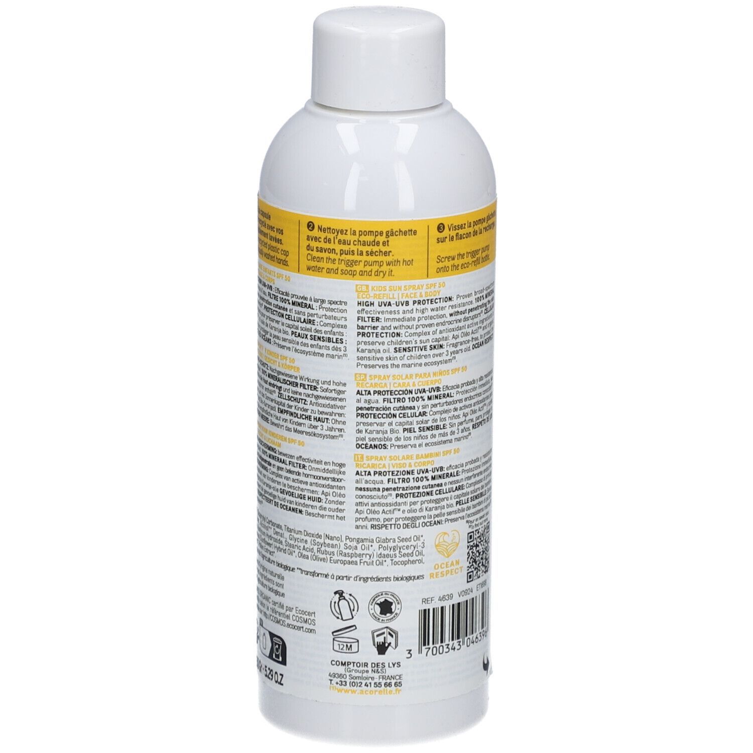 Acorelle Nature Sun Spray Solaire IP50 Enfants Peaux Sensibles Bio Flacon-Pompe recharge