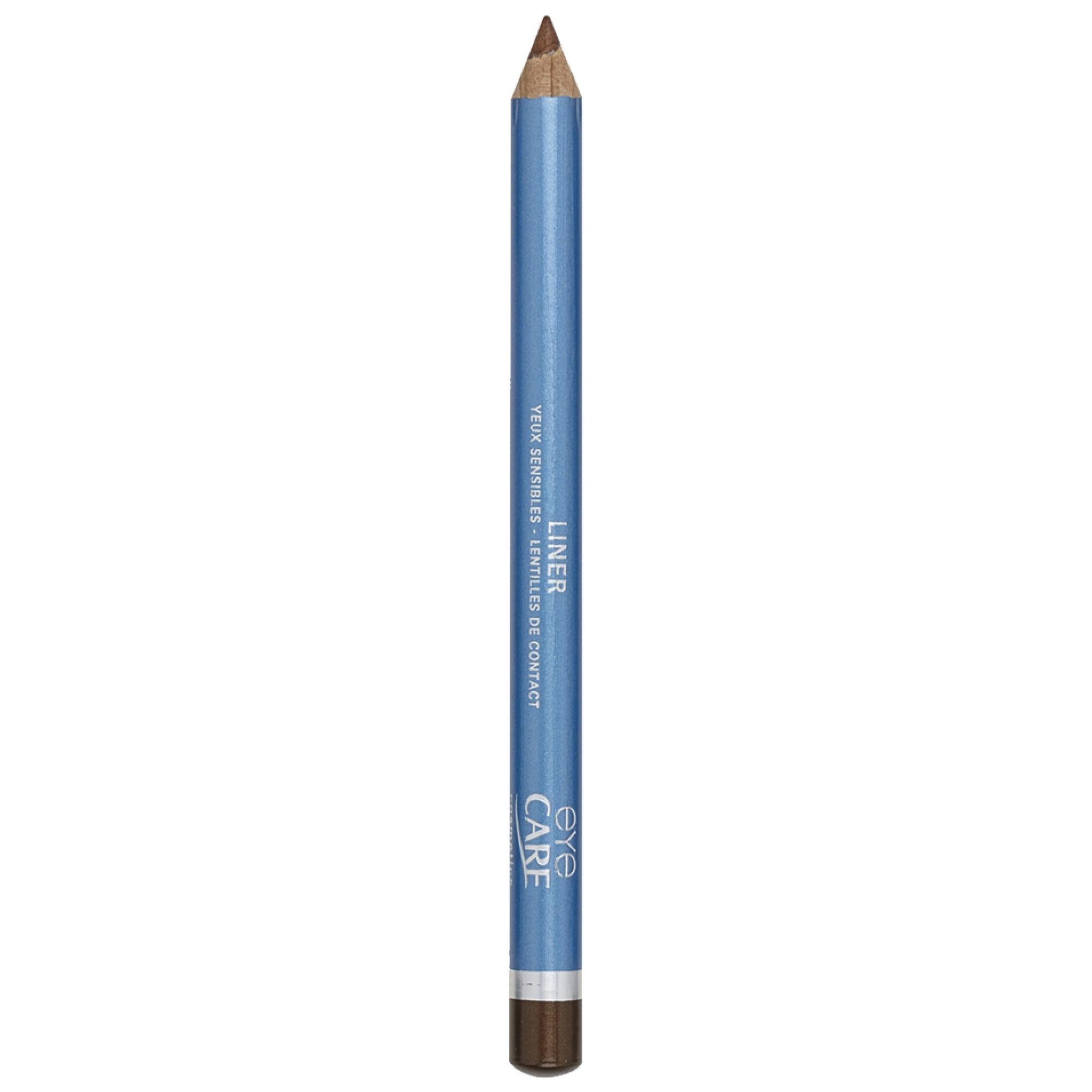 Un crayon pour les yeux bleu avec une pointe marron et un anneau argenté. Inscription : EYE CARE LINER.