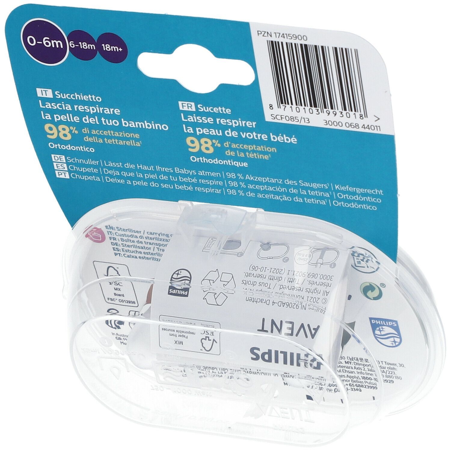 Emballage de deux sucettes. Inscription: PHILIPS AVENT, Ultra Air, 0-6 mois. Texte multilingue.