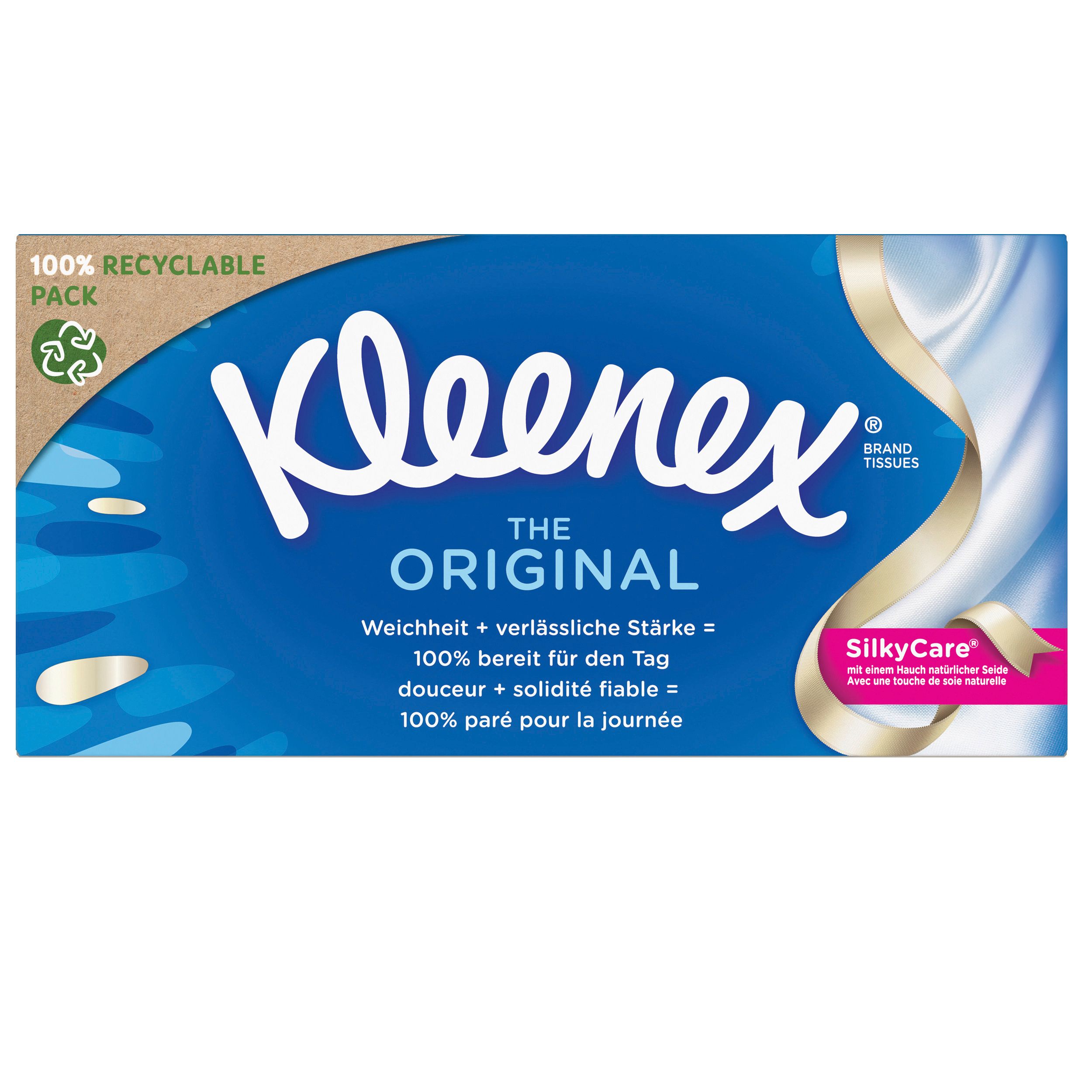 Boîte de mouchoirs Kleenex Original. Boîte bleue avec logo blanc et texte. 100% recyclable. SilkyCare.