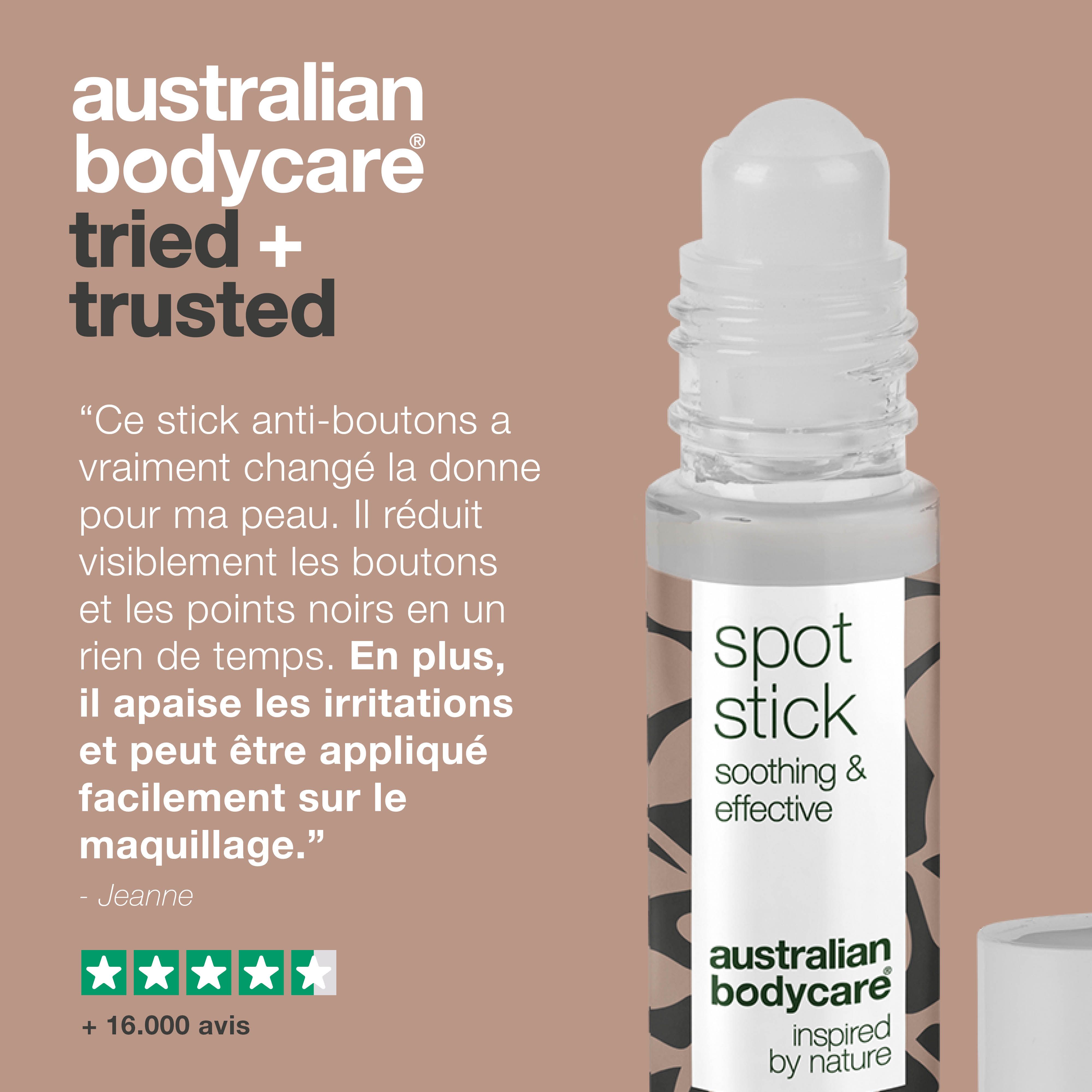 Spot Stick avec bouchon blanc. Inscription: Spot Stick, soothing & effective, Australian Bodycare.