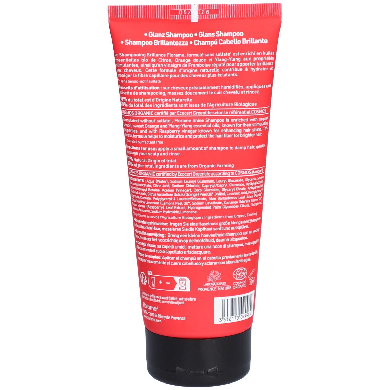 Tube rouge Florame Shampoo, dos. Texte: "Glanz Shampoo", ingrédients, certification.