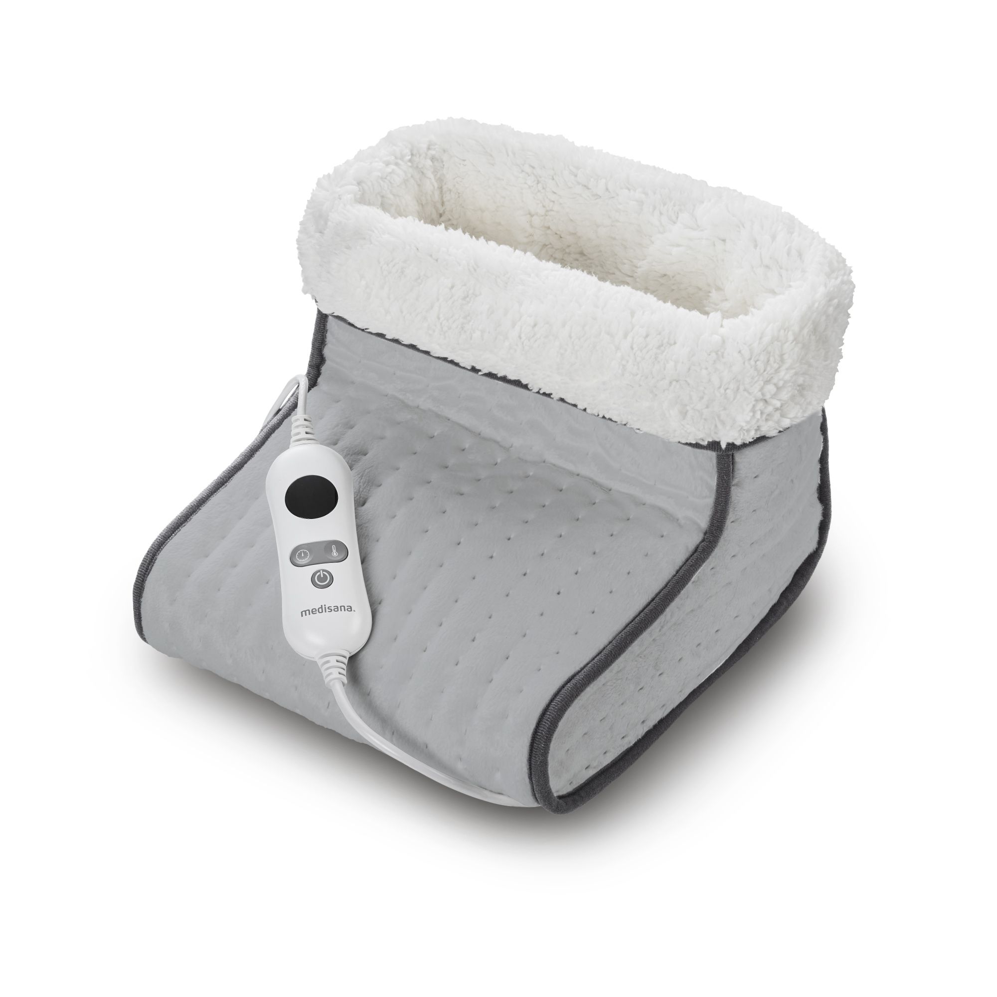 Chauffe-pieds gris avec doublure intérieure blanche et panneau de commande. Le produit est de forme rectangulaire et est équipé d'un câble.