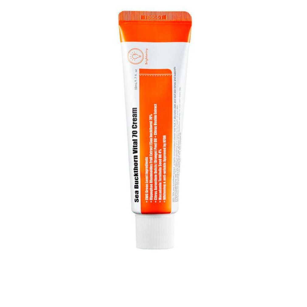 Tube de crème, design orange et blanc. Nom du produit: Sea Buckthorn Vital 70 Cream. Texte avec ingrédients et informations.