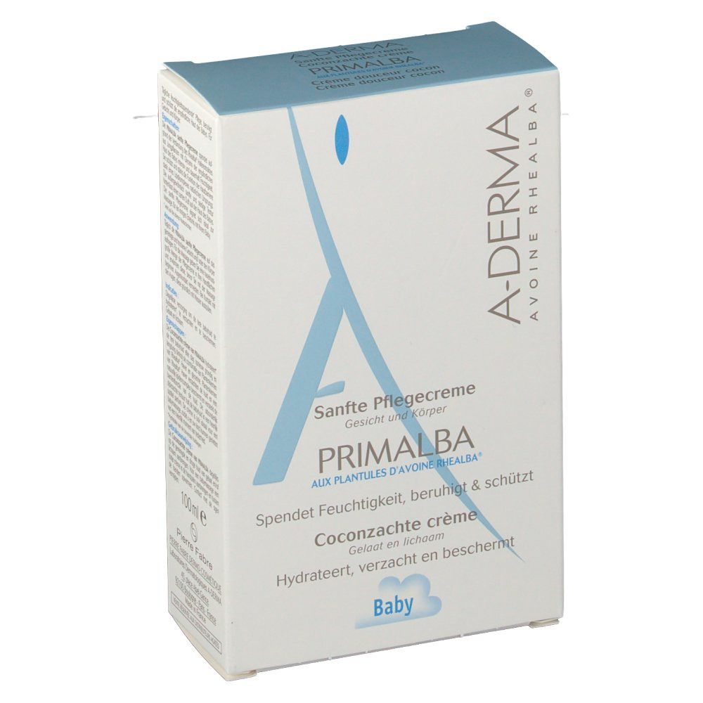 Boîte en carton. Logo A-DERMA et PRIMALBA. Texte : Crème douceur cocon, Hydrate, apaise et protège. Bébé, 100ml.