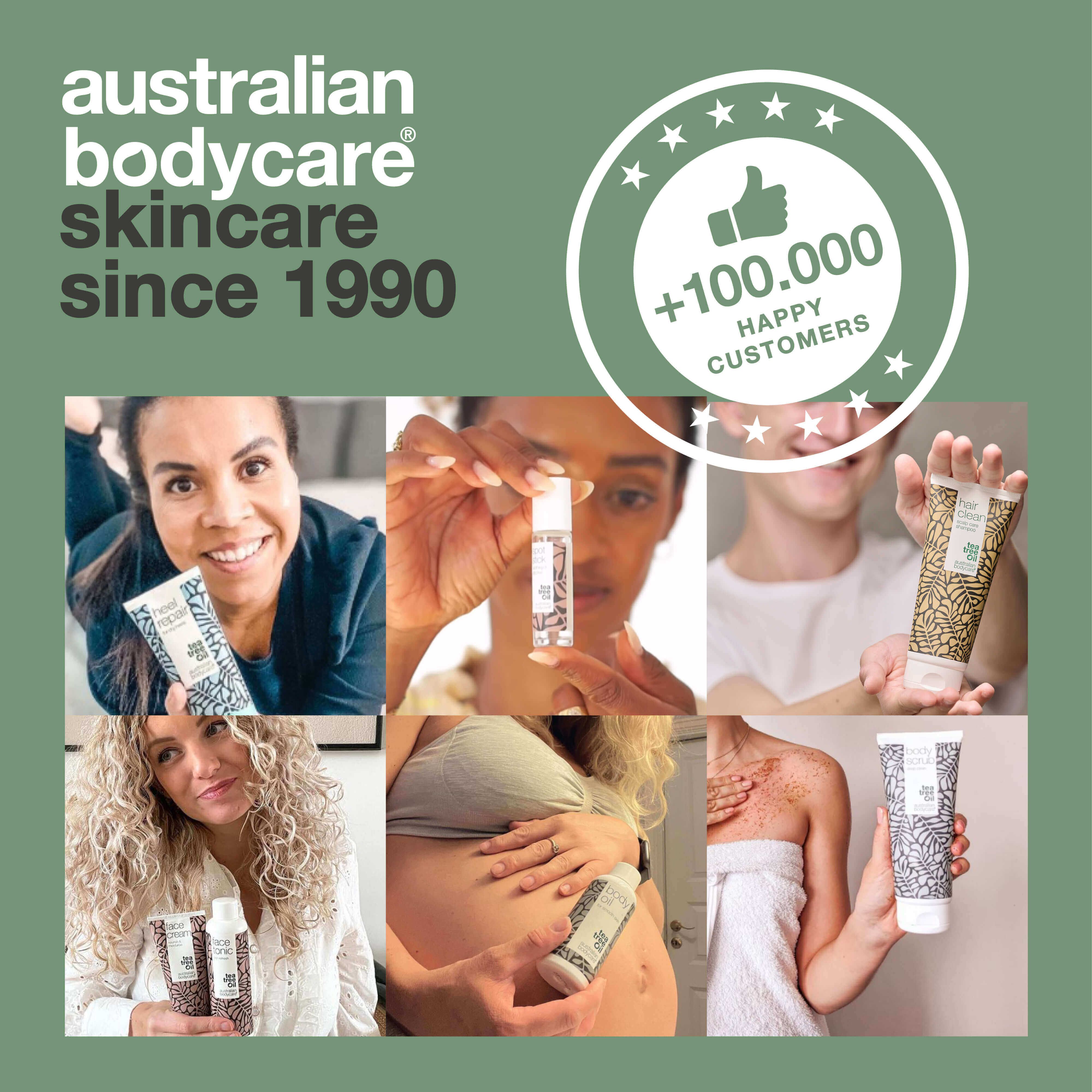 Collage de personnes et de produits. Texte : australian bodycare skincare since 1990. +100 000 clients satisfaits.