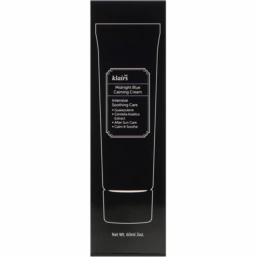 Emballage noir, contours blancs d'un tube. Texte: Midnight Blue Calming Cream, 60ml 2oz. Marque: Klairs.