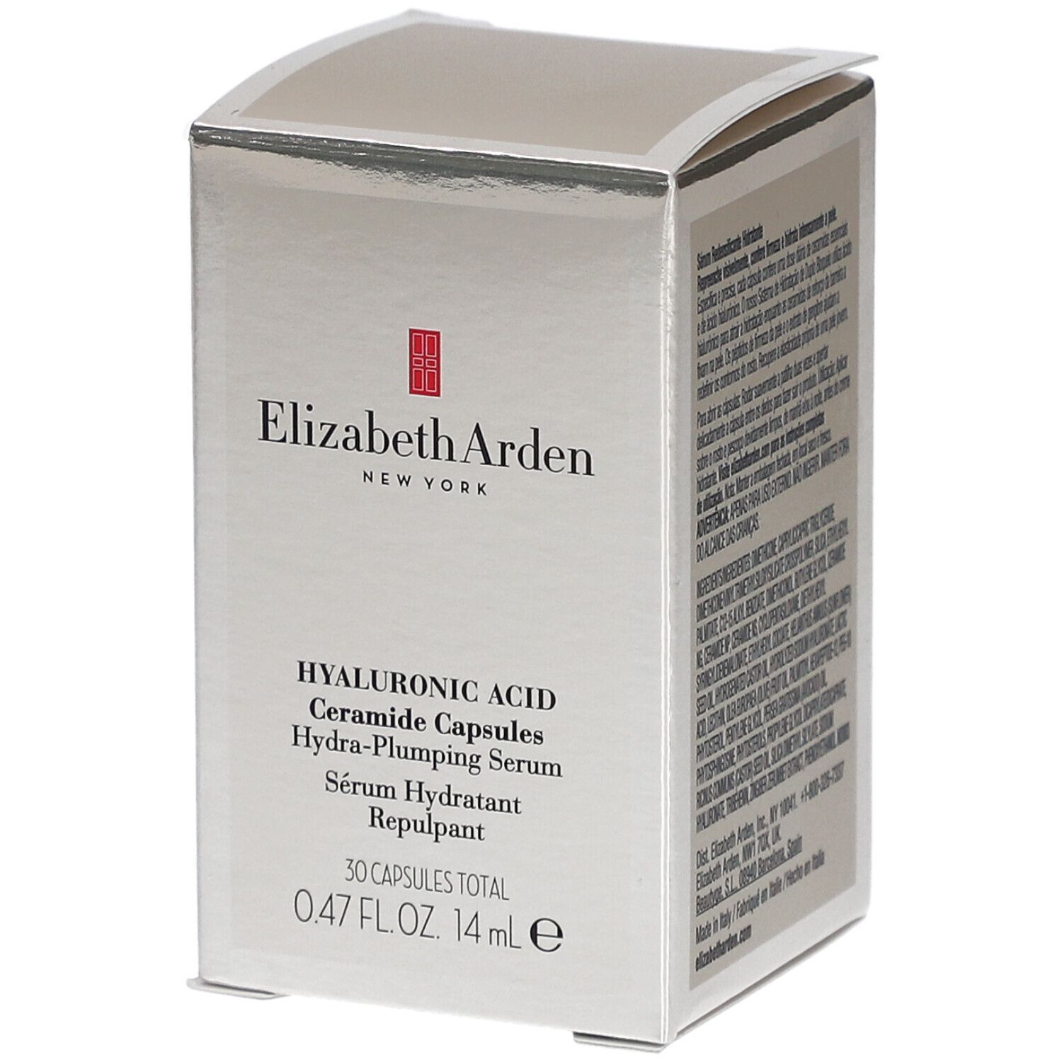 Boîte argentée avec texte. Elizabeth Arden, capsules de céramides à l'acide hyaluronique. 0,47 FL.OZ. 14 ml.