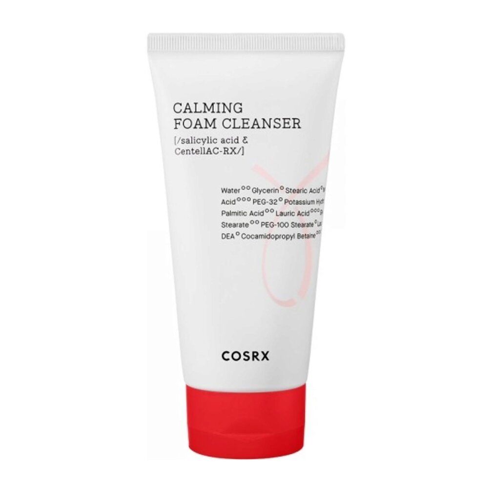 Tube blanc à bouchon rouge. Inscription: CALMING FOAM CLEANSER, ingrédients. Marque: COSRX.