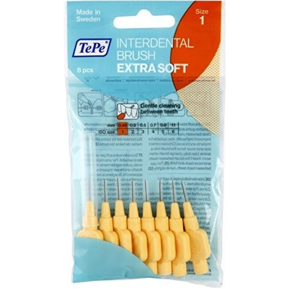 Paquet de brosses interdentaires TePe jaunes. Extra Soft, 8 pièces. Inscription: Gentle cleaning between teeth.