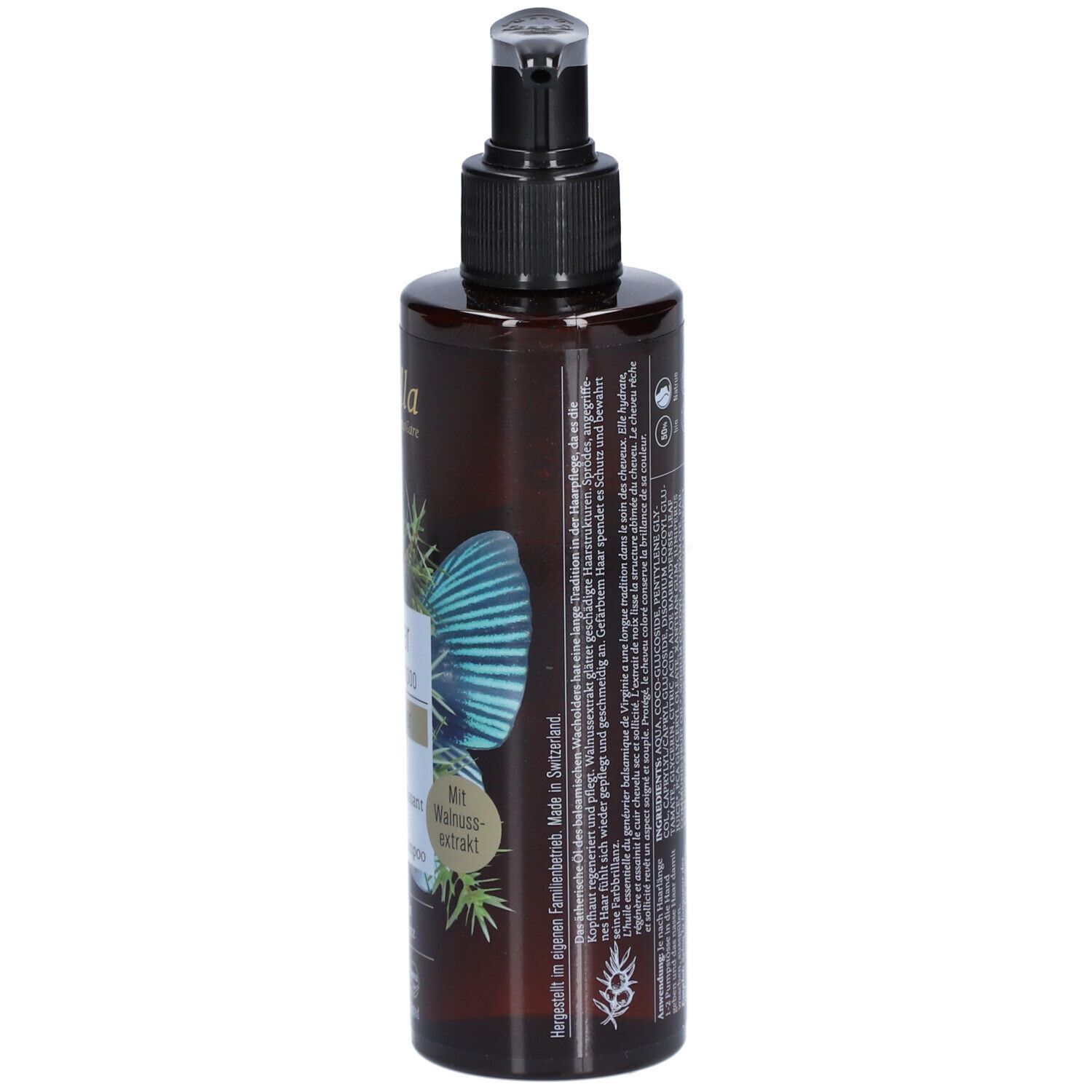 Flacon brun avec pompe noire. Inscription: Farfalla Wacholder Aufbau-Shampoo. Dos avec texte et ingrédients. 200ml.