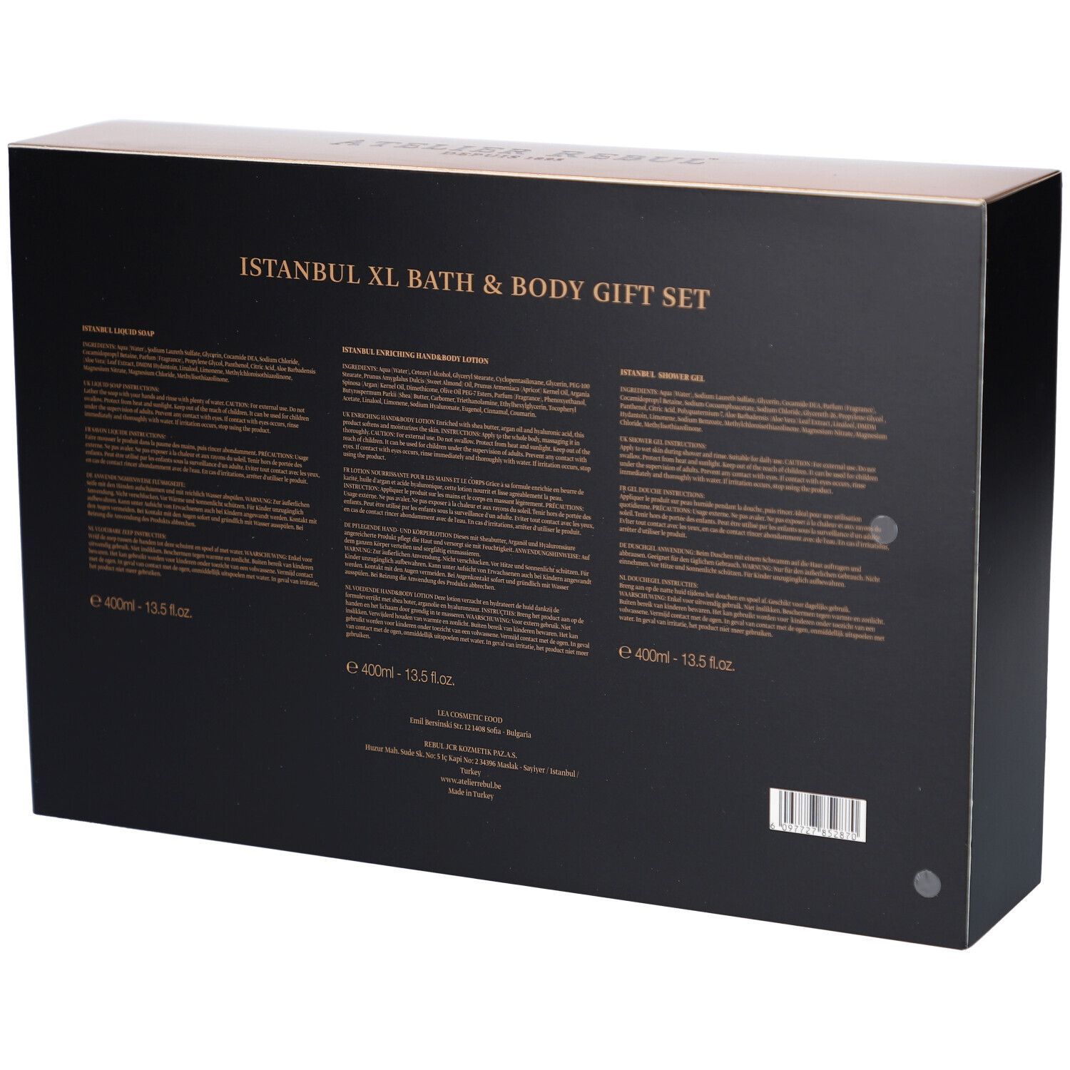 Coffret cadeau noir avec texte doré. Inscription: Istanbul XL Bath & Body Gift Set. Texte en trois colonnes, informations produit.