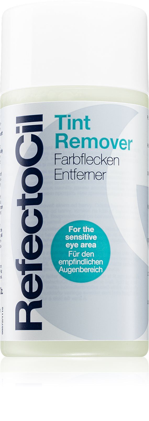 Flacon blanc avec logo "RefectoCil" et texte "Tint Remover". Cercles bleus avec texte pour zone sensible des yeux.