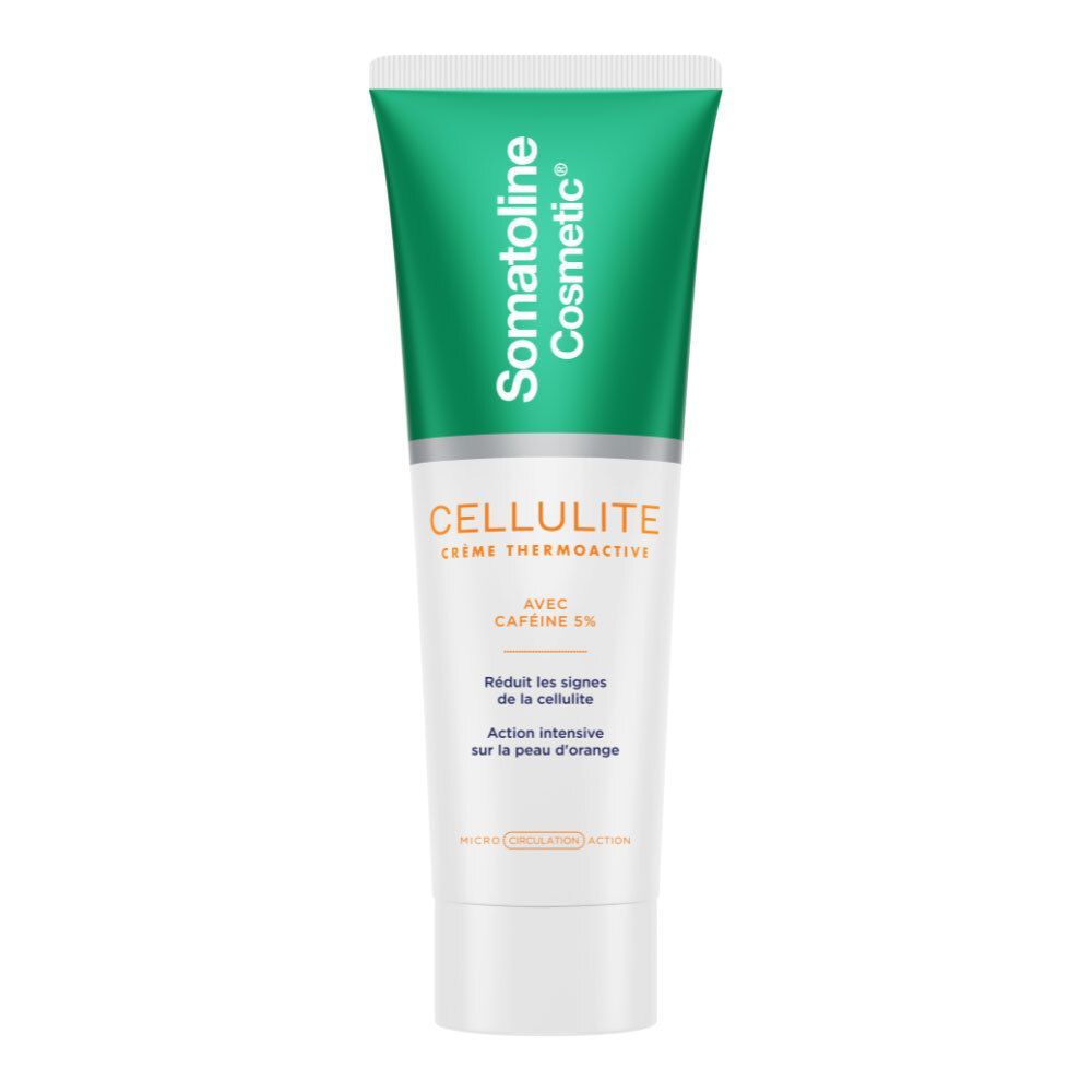 Tube vert avec bouchon blanc. Inscription Somatoline Cosmetic et CELLULITE. Contient 5% de caféine.