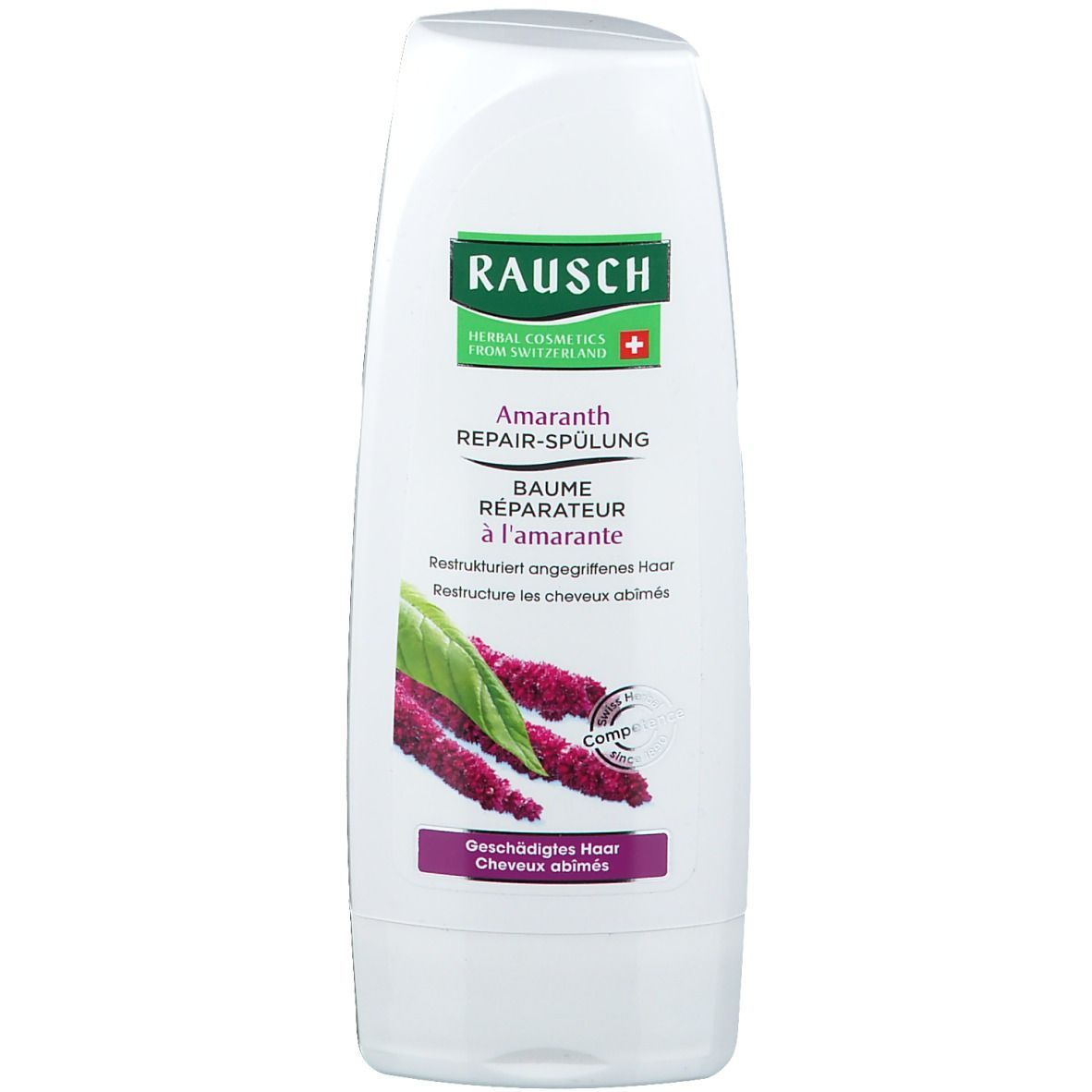 Flacon blanc avec logo vert et texte: "RAUSCH Amaranth Repair-Spülung". Illustration de plante d'amarante. Texte: Cheveux abîmés.