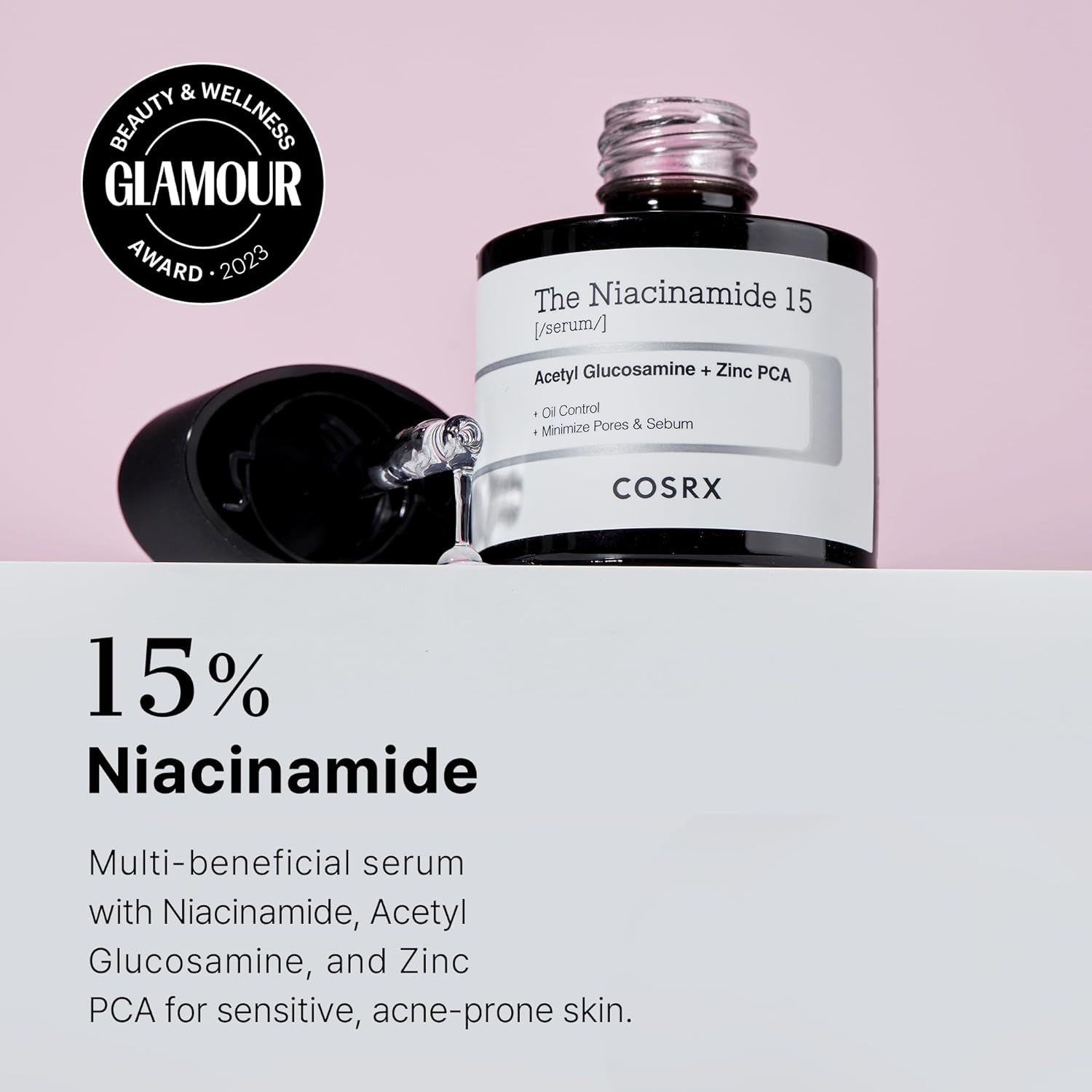 Sérum COSRX The Niacinamide 15 en flacon avec pipette. Prix 'Glamour Award 2023'.