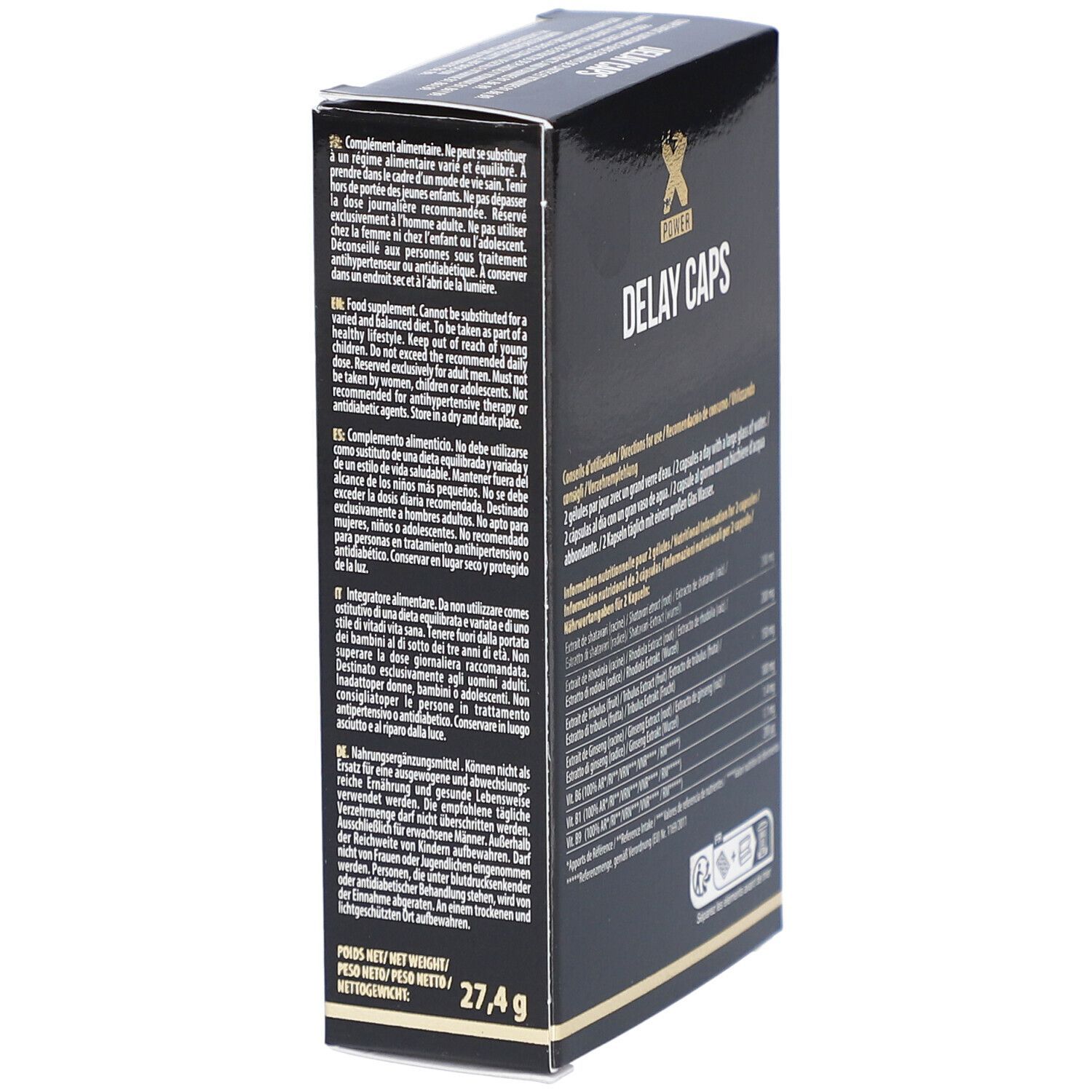 Boîte noire avec "X POWER DELAY CAPS". Détail des ingrédients et informations nutritionnelles. Texte multilingue.