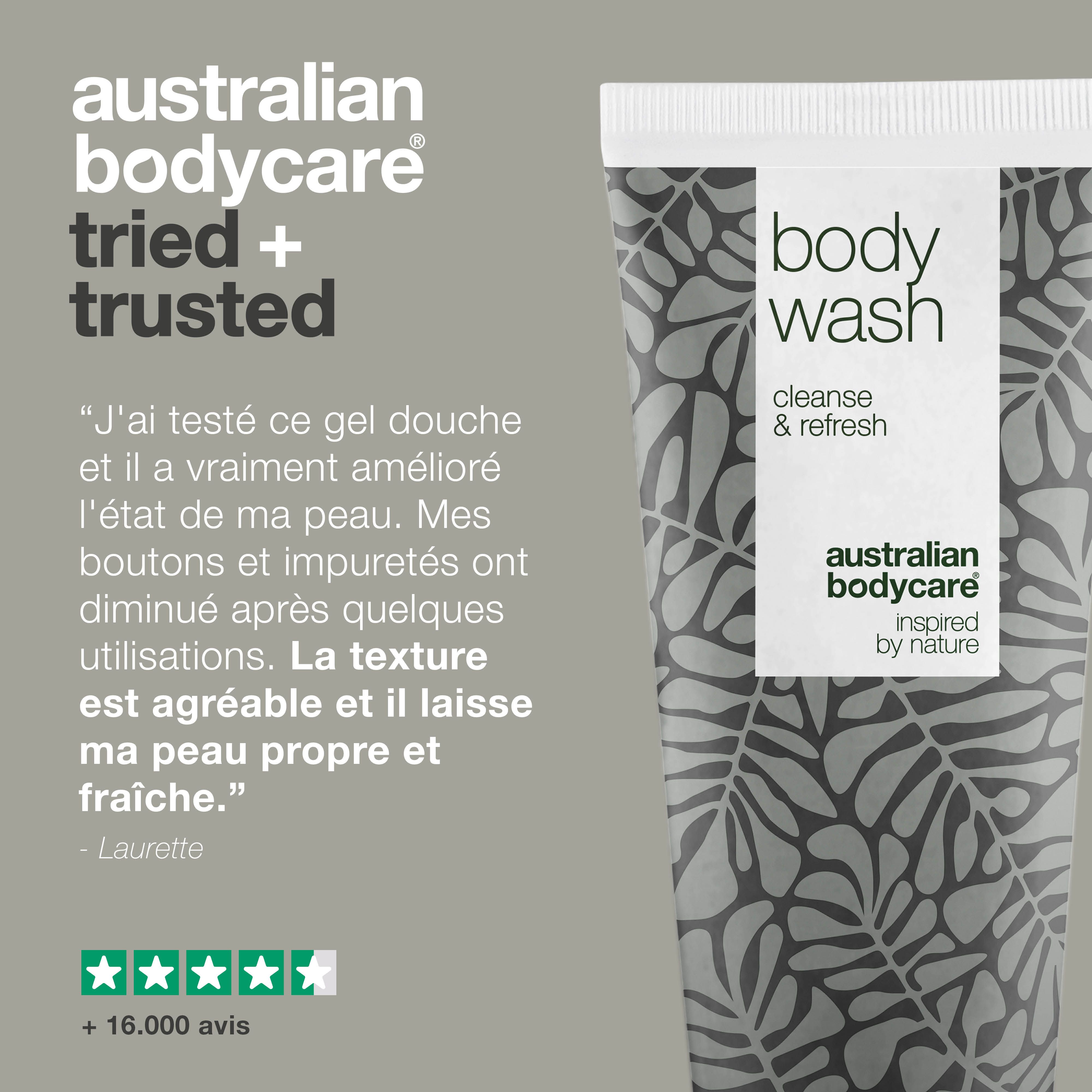 Tube avec inscription body wash, cleanse & refresh. Logo : Australian Bodycare. Texte : J'ai testé ce gel douche et il a vraiment amélioré l'état de ma peau.