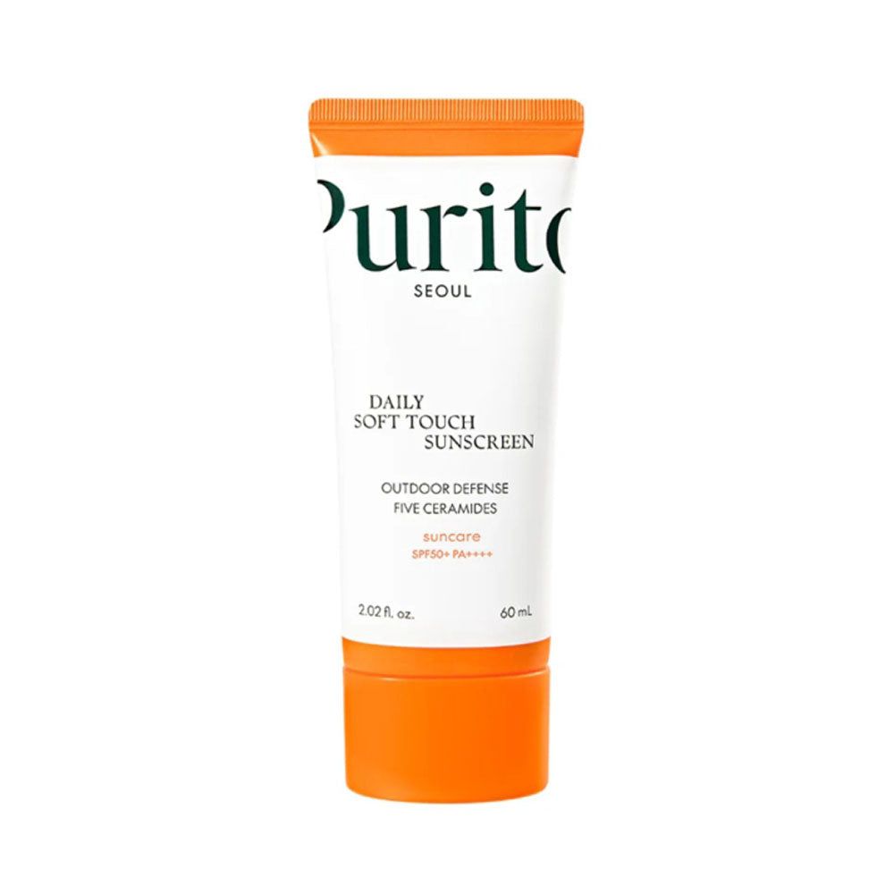 Tube blanche à bouchon orange. Inscription : PURITO, Daily Soft Touch Sunscreen, SPF 50+ PA++++.