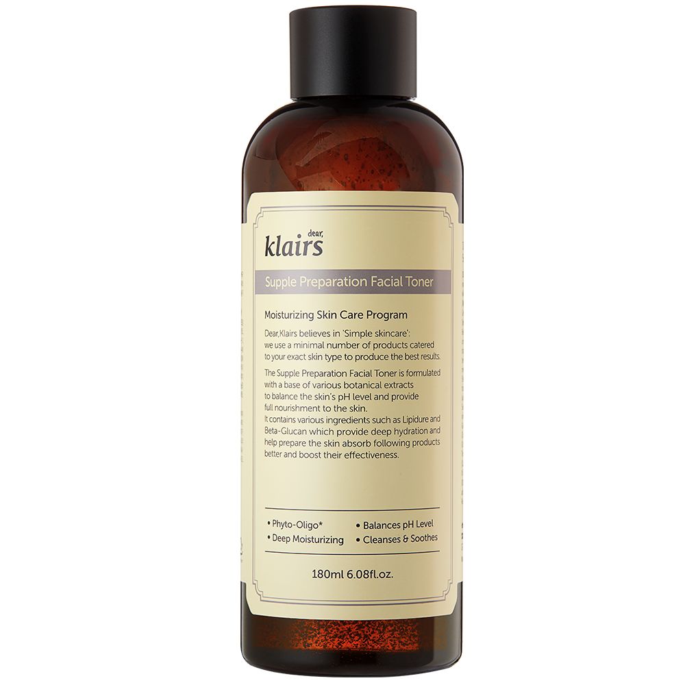 Bouteille de Klairs Supple Preparation Facial Toner avec étiquette et bouchon noir.