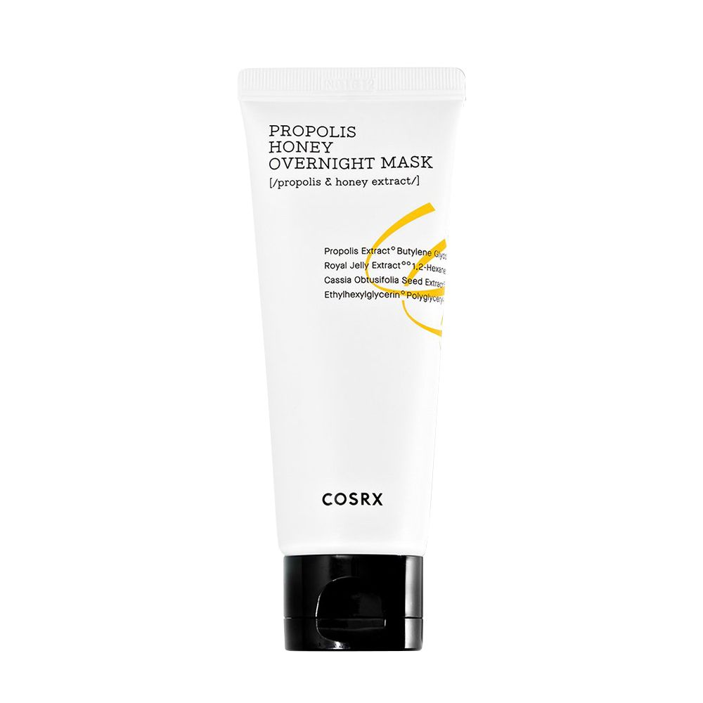 Tube blanc avec bouchon noir à clapet. Texte : "PROPOLIS HONEY OVERNIGHT MASK".