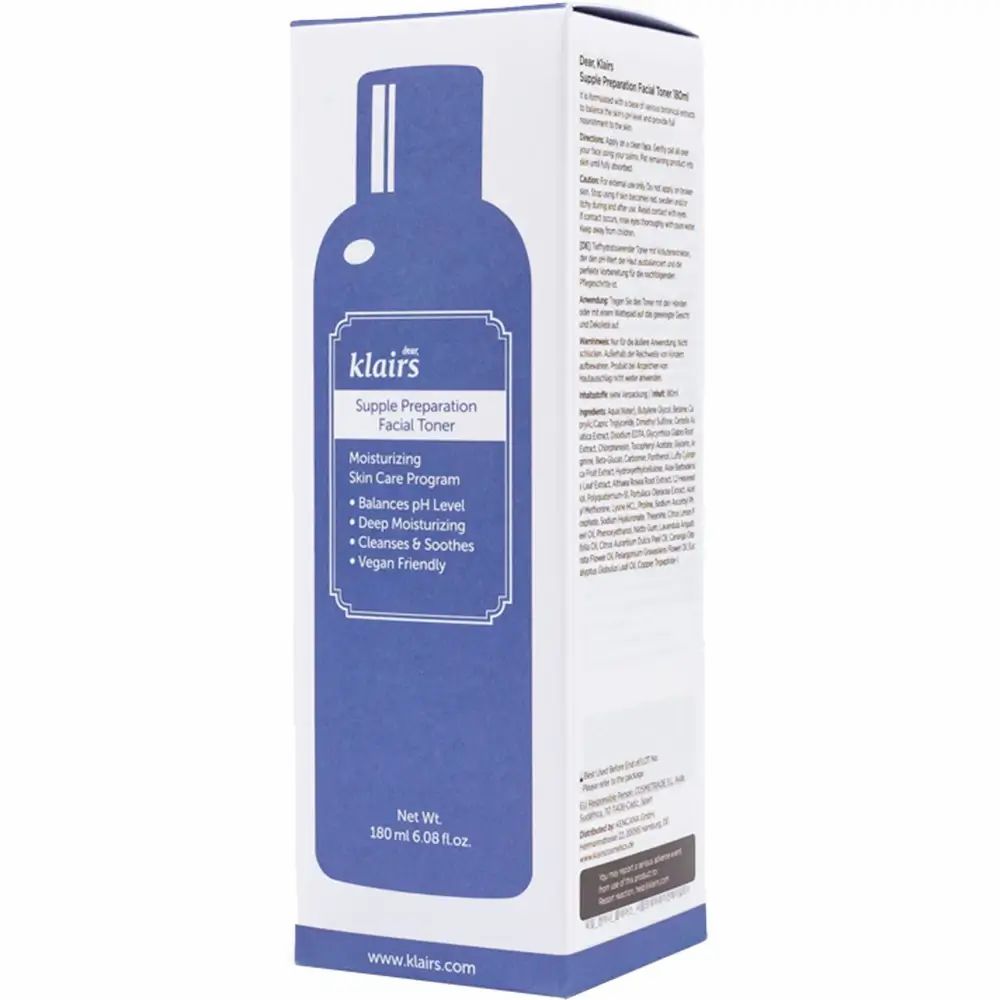 Emballage du Klairs Supple Preparation Facial Toner avec illustration et texte.