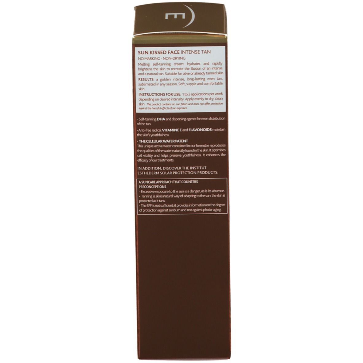 Côté de la boîte. Texte: SUN KISSED SELF-TANNING FACE CARE. Mode d'emploi. Logo NAOS. Ingrédients.