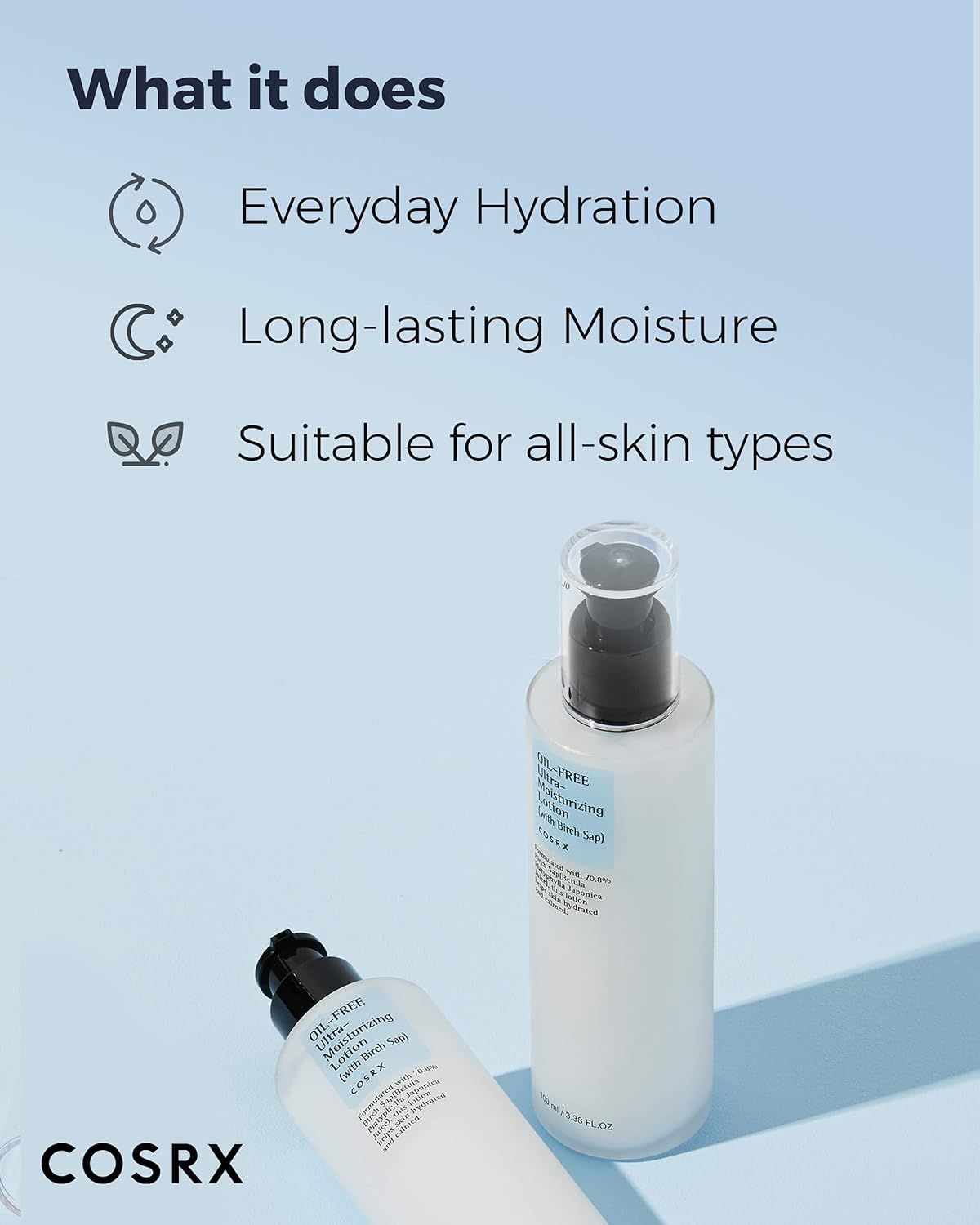 Deux flacons de lotion avec pompe. Texte : 'What it does', 'Everyday Hydration', 'Long-lasting Moisture', 'Suitable for all-skin types'.